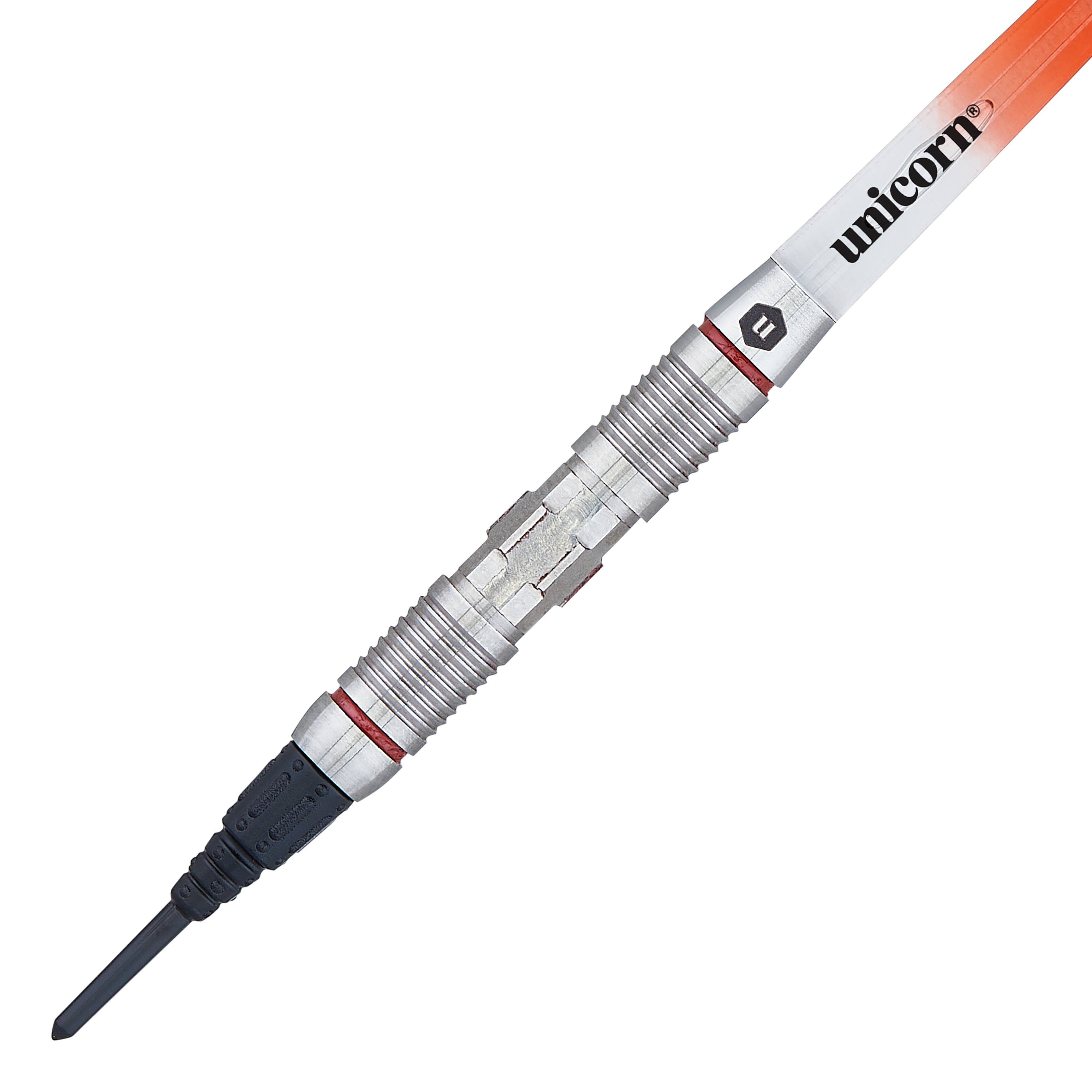 Fléchettes souples Unicorn Ballista Style 2 Das Bild zeigt einen Softdart namens "Unicorn Ballista Style 2". Der Dart hat einen silbernen, geriffelten Schaft und eine orangefarbene Flight mit der Aufschrift "unicorn".