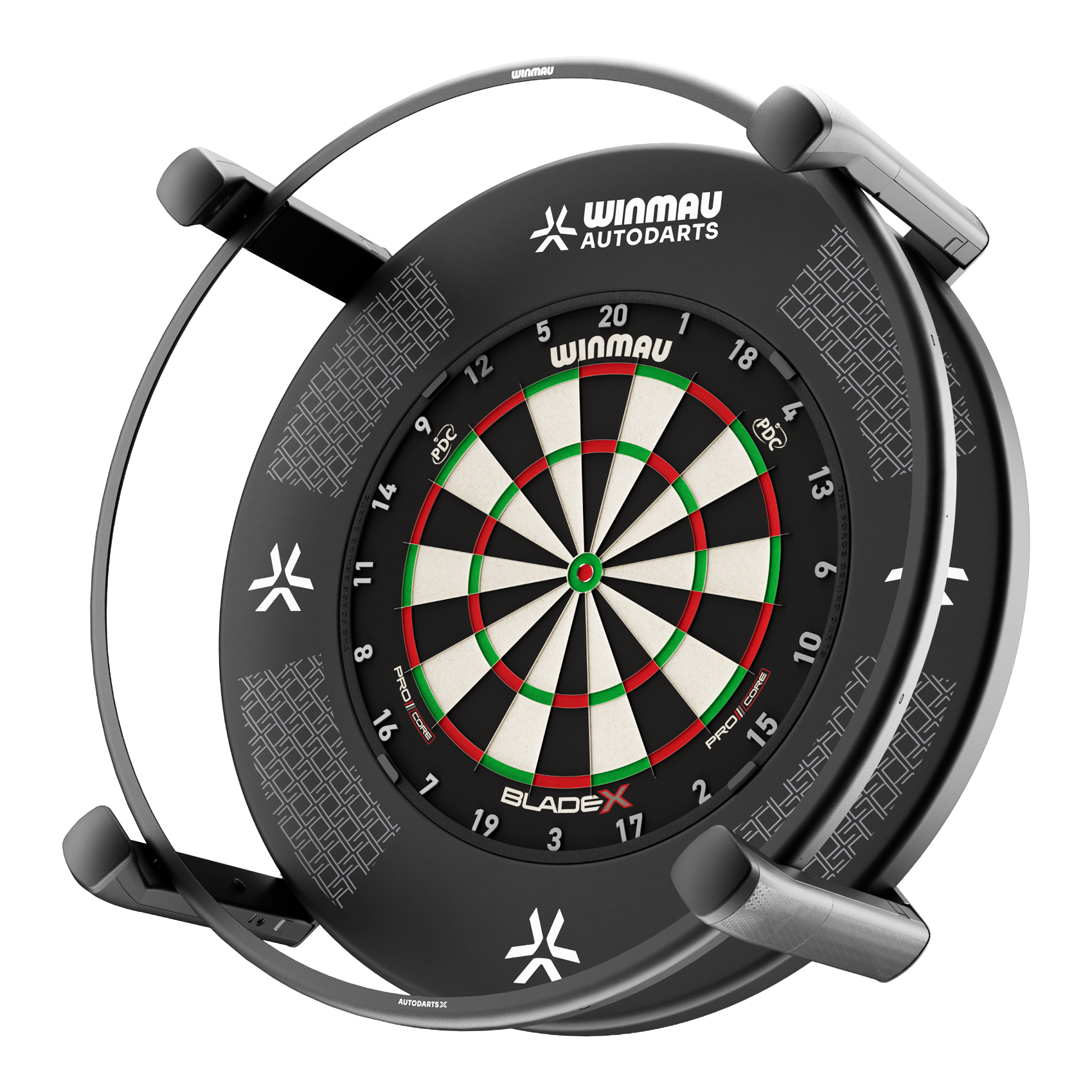 Abgebildet ist das Winmau Autodarts X Autoscoring-System. Dieses Produkt wertet Dartspiele automatisch aus.