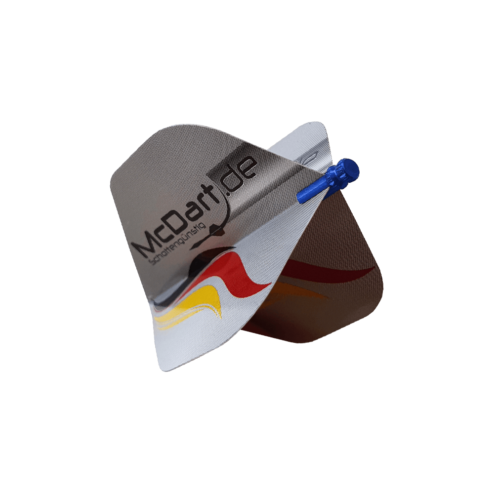 609_Alu_Flightschoner_Blau_2 Das Bild zeigt einen Alu Flightschoner, der an einem Dartflight befestigt ist. Auf dem Flight ist das Logo "McDart.de" sowie eine rot-gelbe Welle zu sehen.