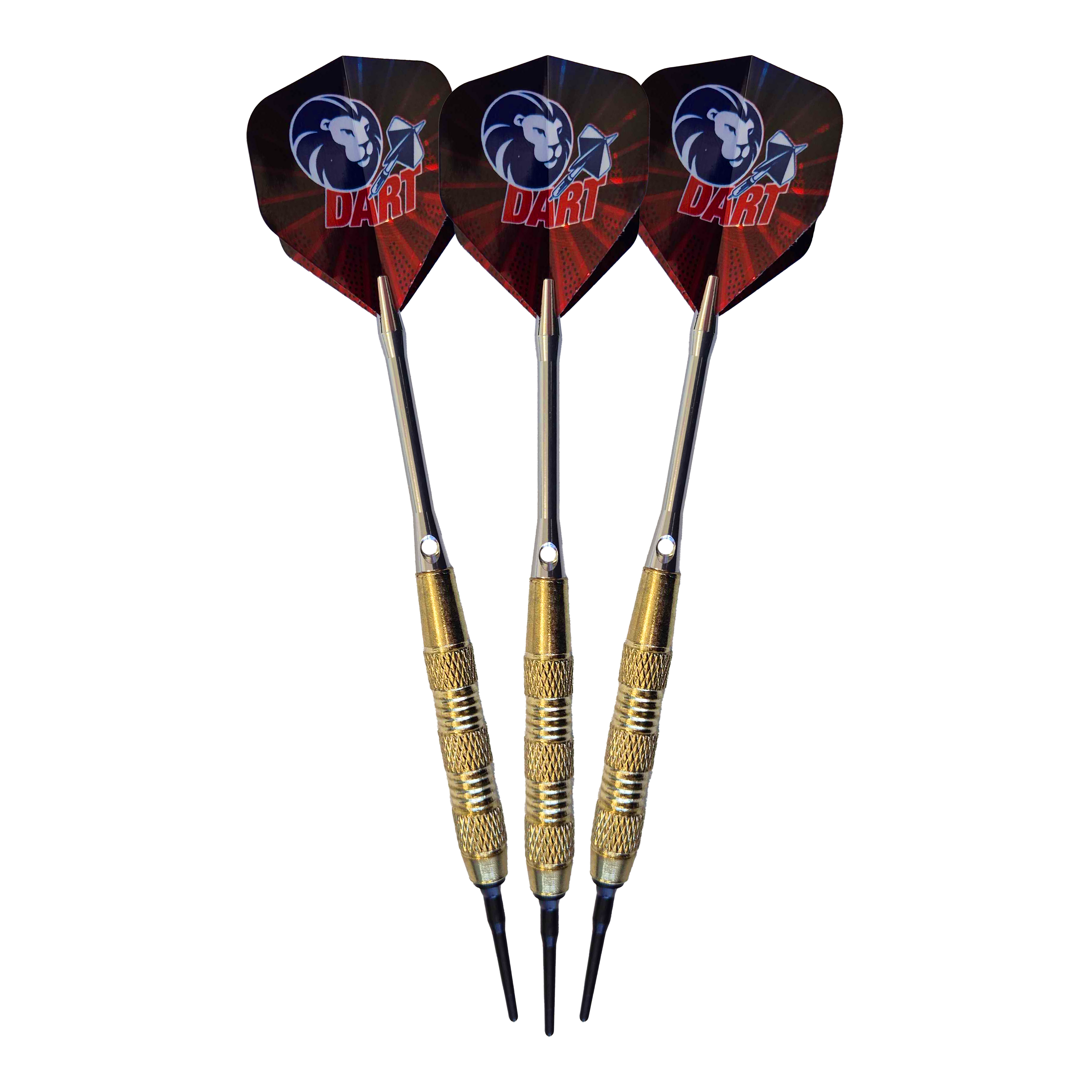 99 Fléchettes Löwen à pointe souple - 18 g Das Bild zeigt drei 99 Löwen Soft-Tip Darts mit einem Gewicht von 18g. Die Flights sind schwarz-rot und mit einem Löwenkopf-Motiv sowie dem Schriftzug "DART" bedruckt.