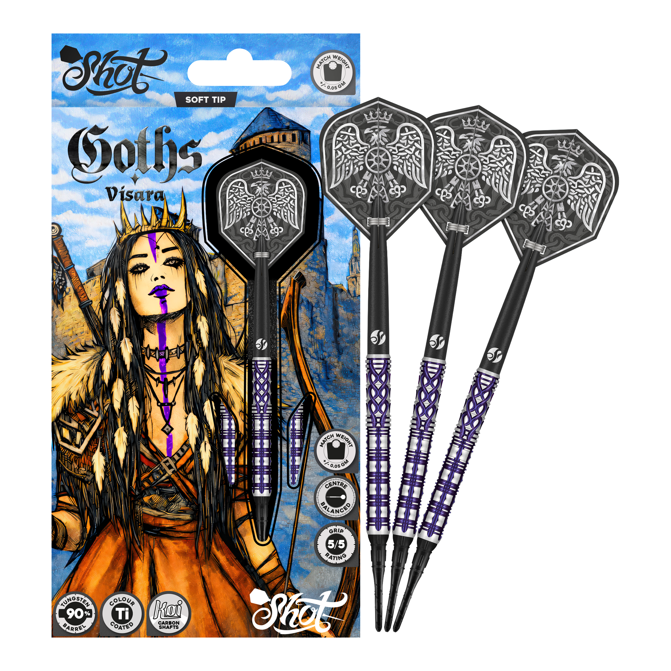 Fléchettes souples Shot Goths Visara - 20 g Das Bild zeigt die Shot Goths Visara Softdarts - 20g. Diese Softdarts sind leicht und hochwertig verarbeitet.
