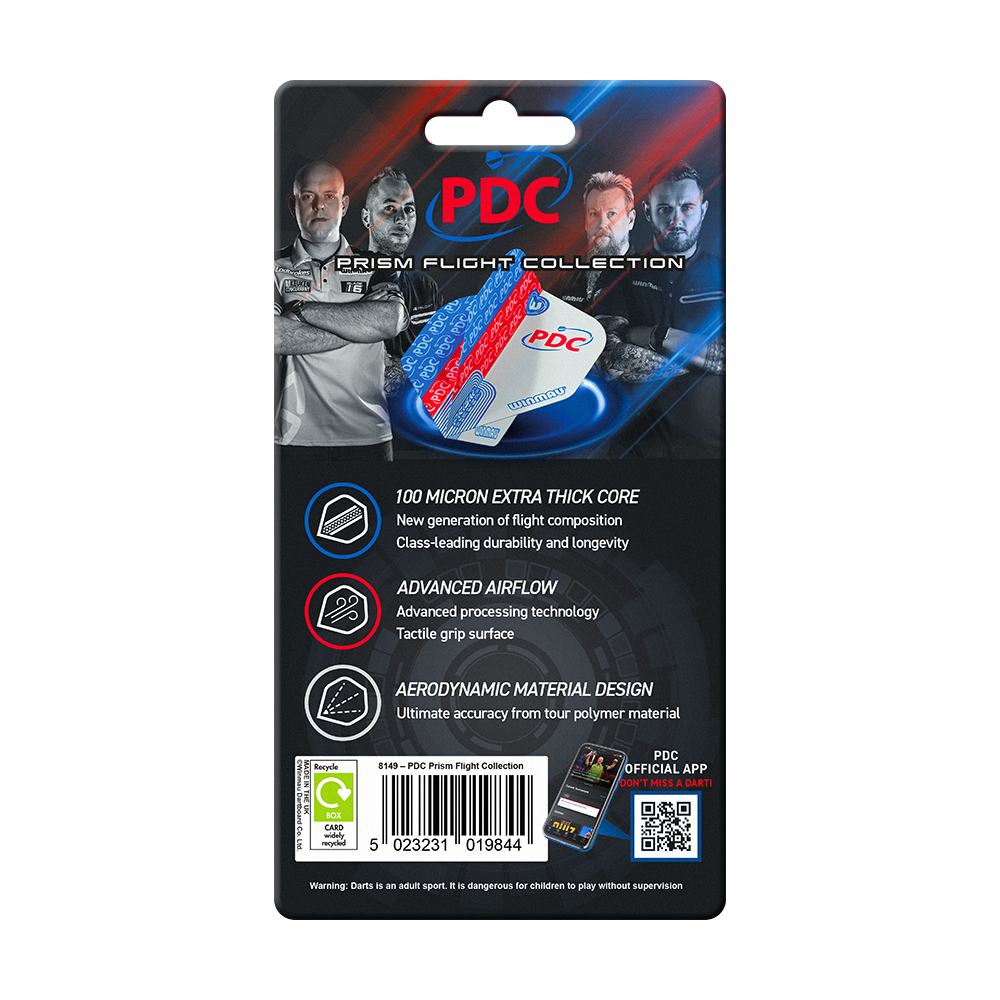 Collection de vols Winmau PDC Prism Das Bild zeigt die Verpackung der "Winmau PDC Prism Flight Collection" für Dartflights. Auf der Verpackung sind Produktmerkmale und Bilder von Dartspielern abgebildet.