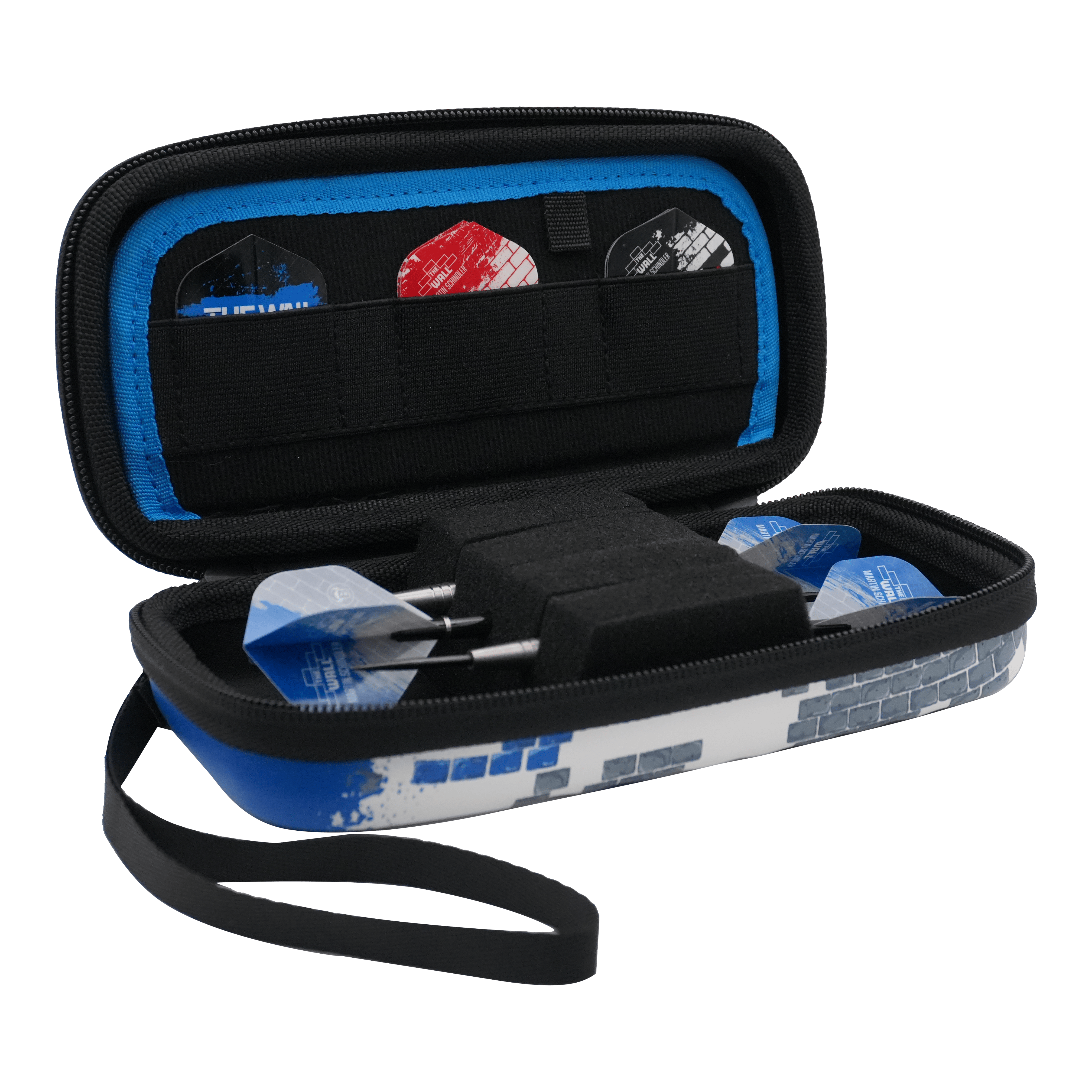 Das Bild zeigt ein geöffnetes Dartcase mit mehreren Darts und Flights darin. Das Etui ist blau-weiß und trägt das Design des Bulls Orbis S Martin Schindler Dartcase.