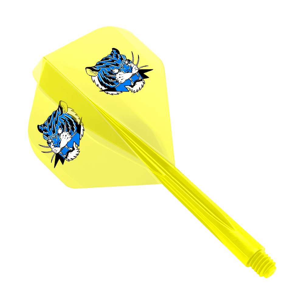 Condor AX Inazuma Tiger Mix Flight System Jaune Clair - Petit Das Bild zeigt einen gelben Dartflight mit einem blauen Tigerkopf-Motiv. Der Schaft ist transparent gelb und im kleinen Format gehalten.