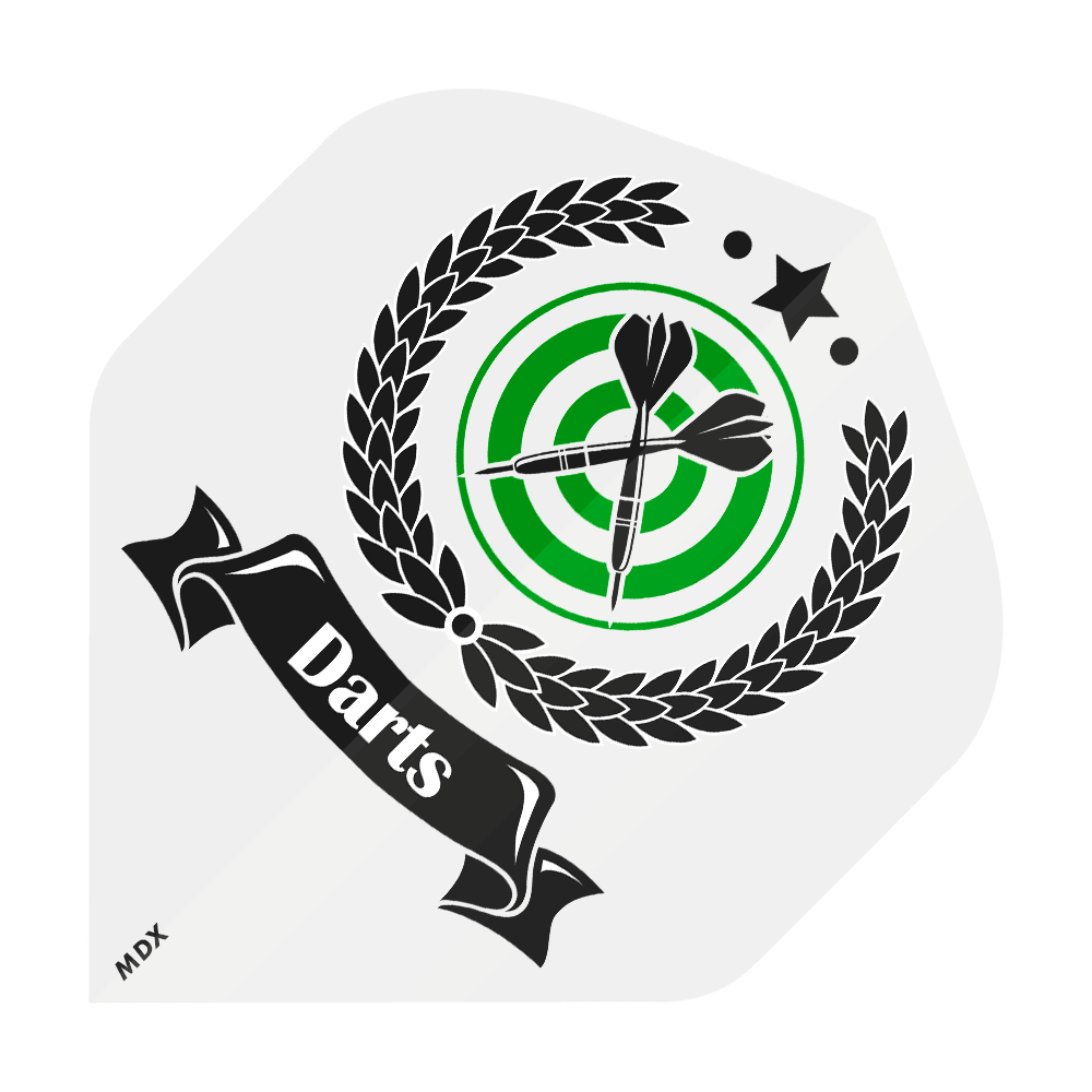 MD-401-Log_2-Seitig_Bedruckte_Flights_Logo_MDX_2 Das Bild zeigt ein grünes Dart-Ziel mit zwei schwarzen Dartpfeilen in der Mitte. Darum herum ist ein schwarzer Lorbeerkranz und ein Banner mit dem Wort "Darts".