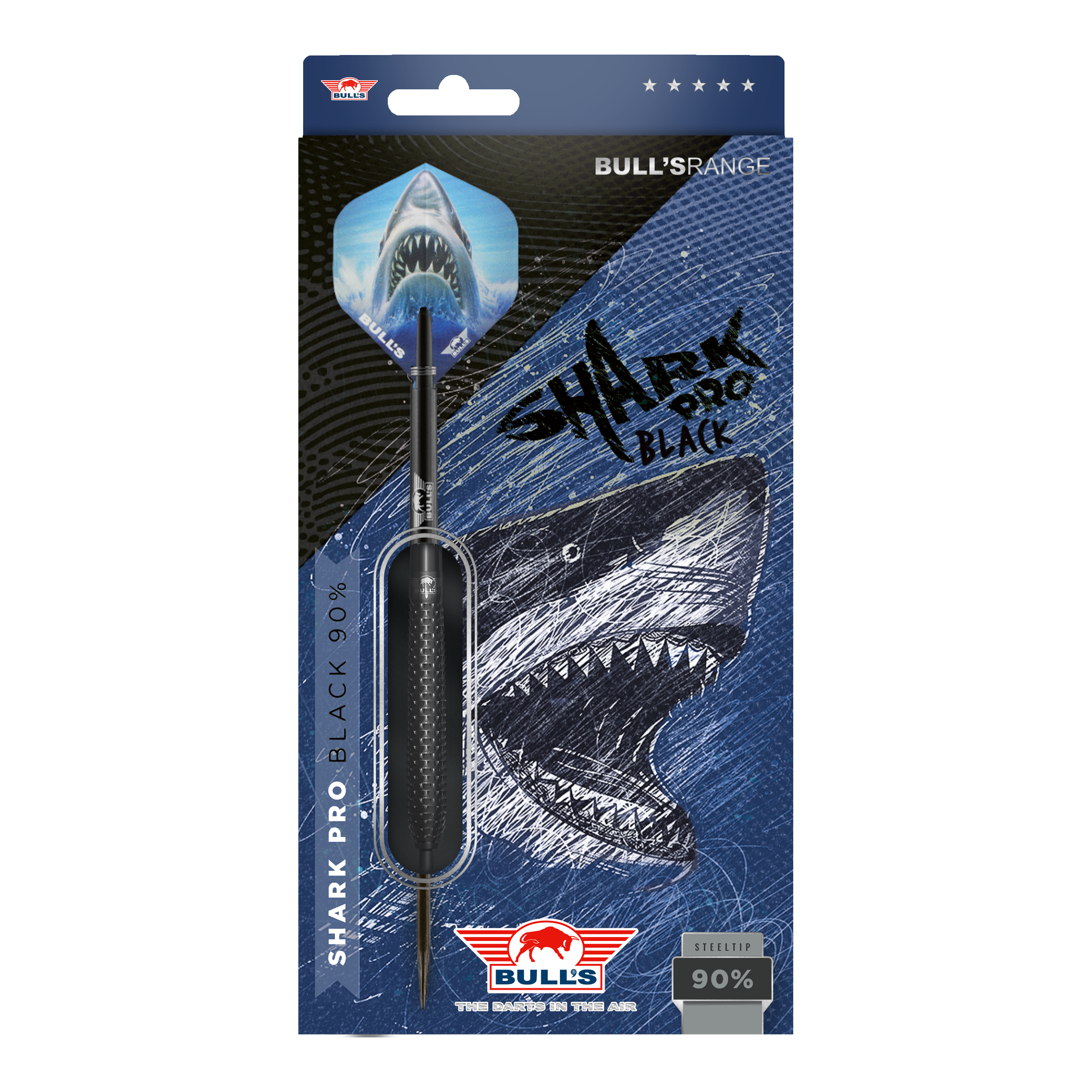 Fléchettes Bulls NL Shark Pro en acier noir Die Abbildung zeigt die Verpackung der "Bulls NL Shark Pro Black Steeldarts". Auf der Verpackung ist ein aggressiv aussehender Hai sowie der Dartpfeil selbst zu sehen.