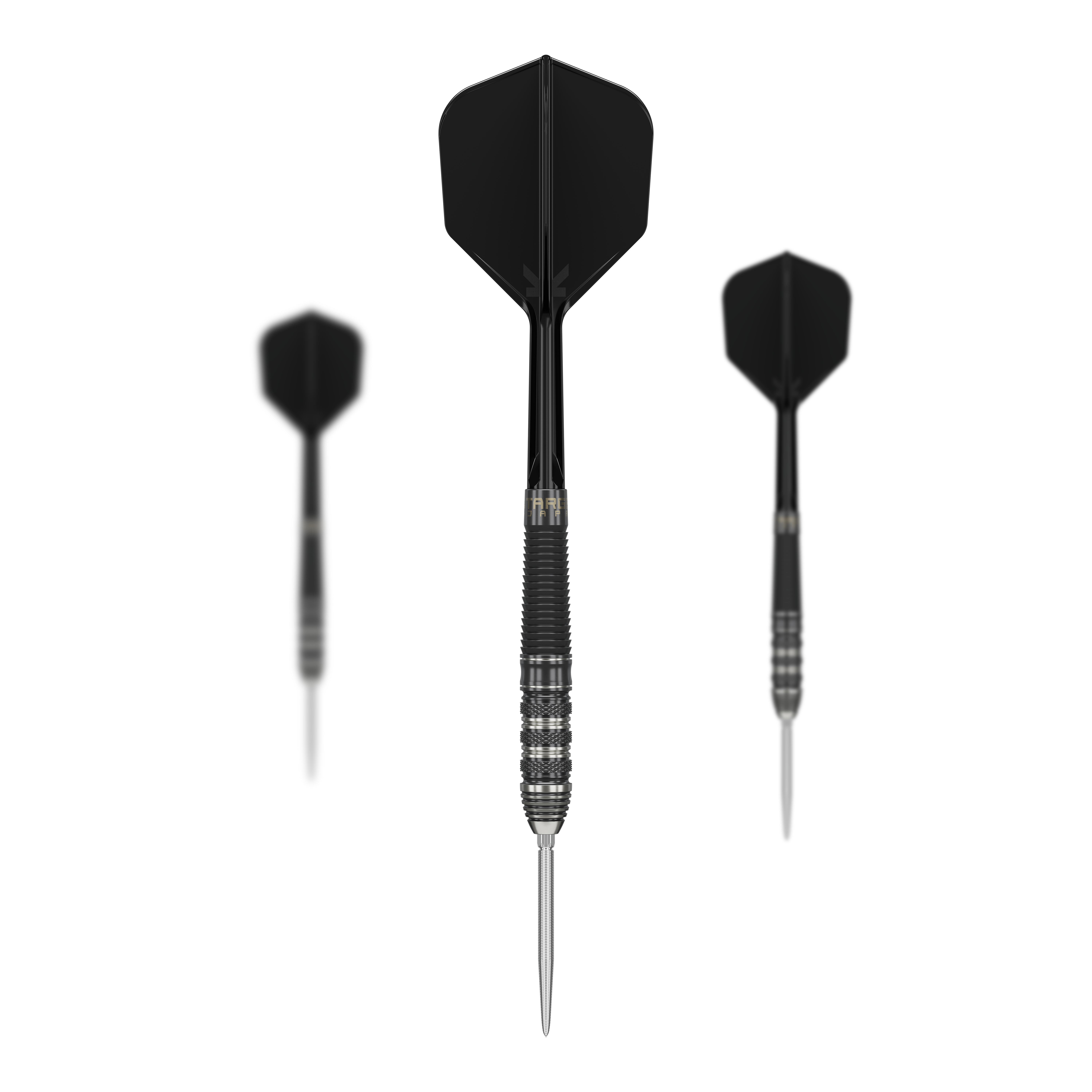 Fléchettes en acier Target Japan Black Marque Armageddon GEN2 Swiss Point Das Bild zeigt drei schwarze Steeldarts des Modells „Target Japan Black Marque Armageddon GEN2 Swiss Point“. Die Darts haben einen geriffelten Metallkörper und schwarze Flights.