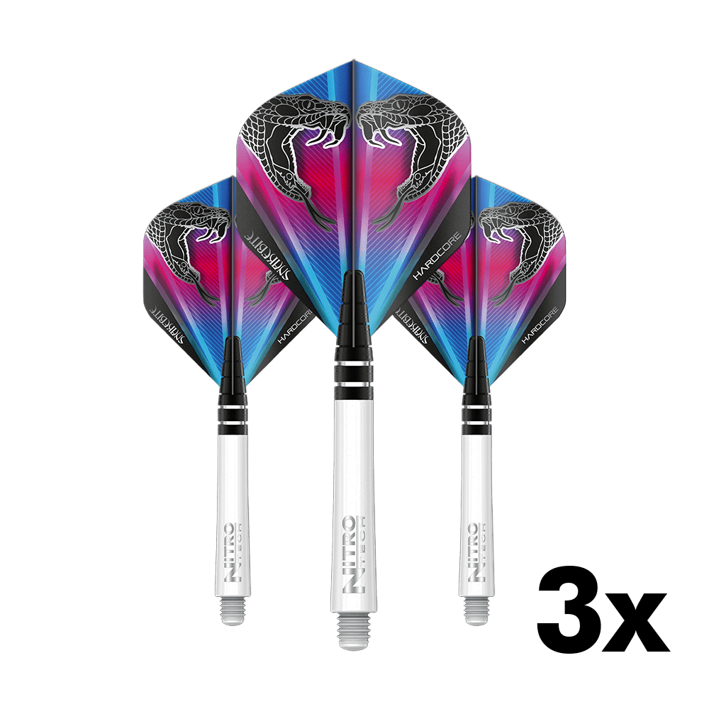 X0515_RedDragon_Peter_Wright_Flight_Shaft_Combo_V1_1 Das Bild zeigt drei Dartflights mit weißen Schäften aus dem Red Dragon Peter Wright Flight Shaft Combo Pack V1. Die Flights haben ein buntes Design mit einem Schlangenkopf-Motiv.