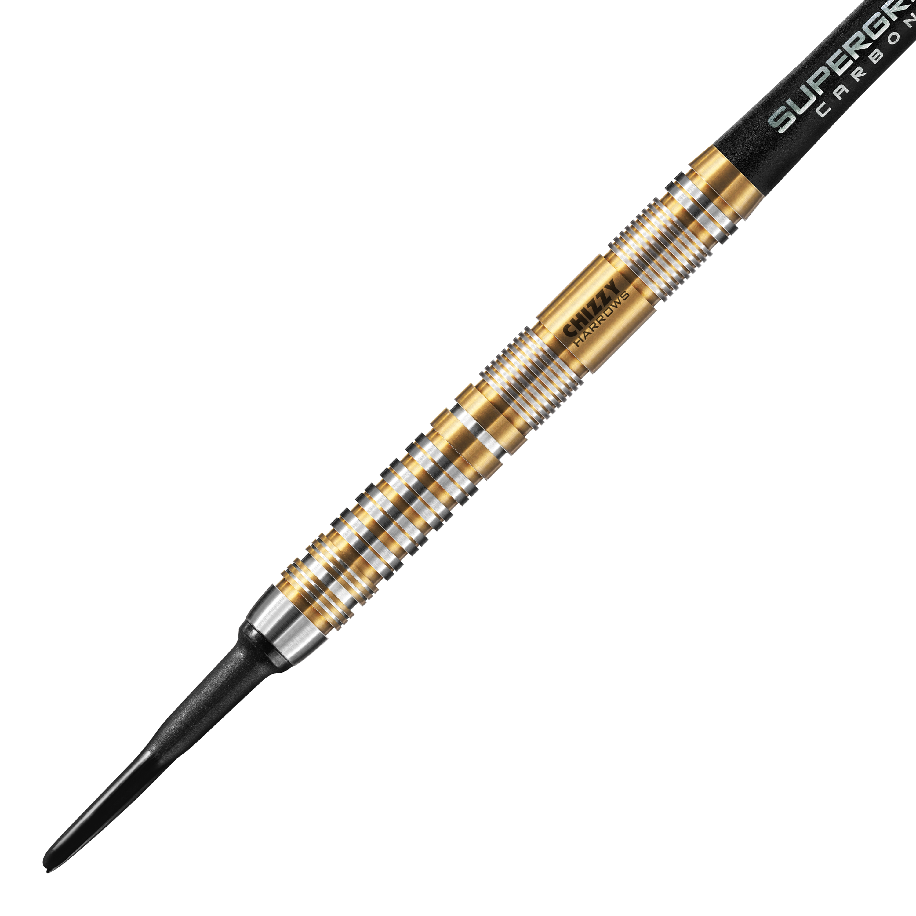 Fléchettes souples Dave Chisnall Chizzy Series 2 de Harrow Das Bild zeigt einen Harrows Dave Chisnall Chizzy Series 2 Softdart. Der Dartpfeil hat ein auffälliges Design mit goldenen und silbernen Ringen entlang des Barrels.