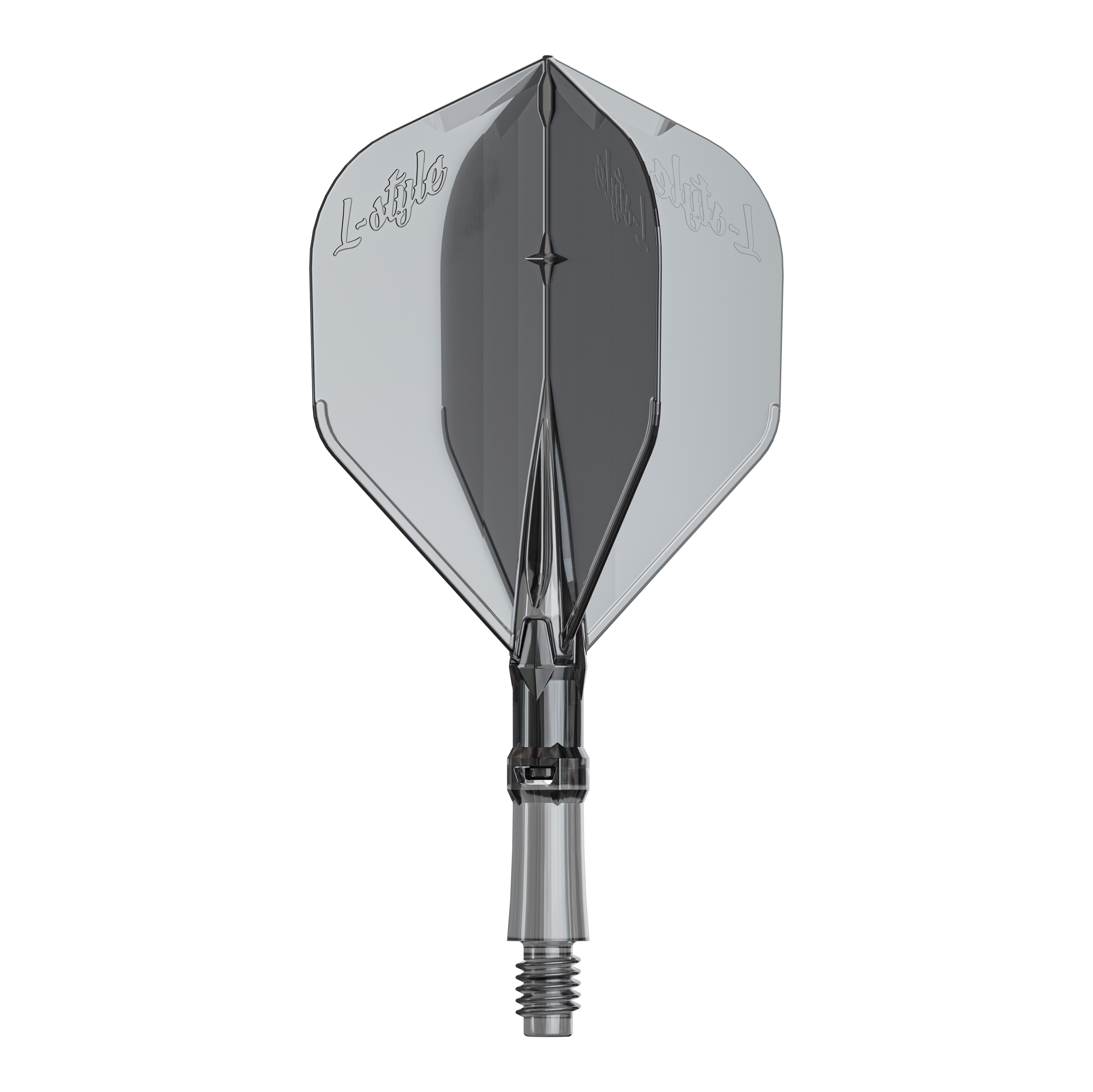 Vols L-L-Style-System - Noir transparent Ein Ersatz-Flights-Set für Dartpfeile ist abgebildet. Das Produkt heißt LS1062 LStyle L-System Flights ClearBlack Small.