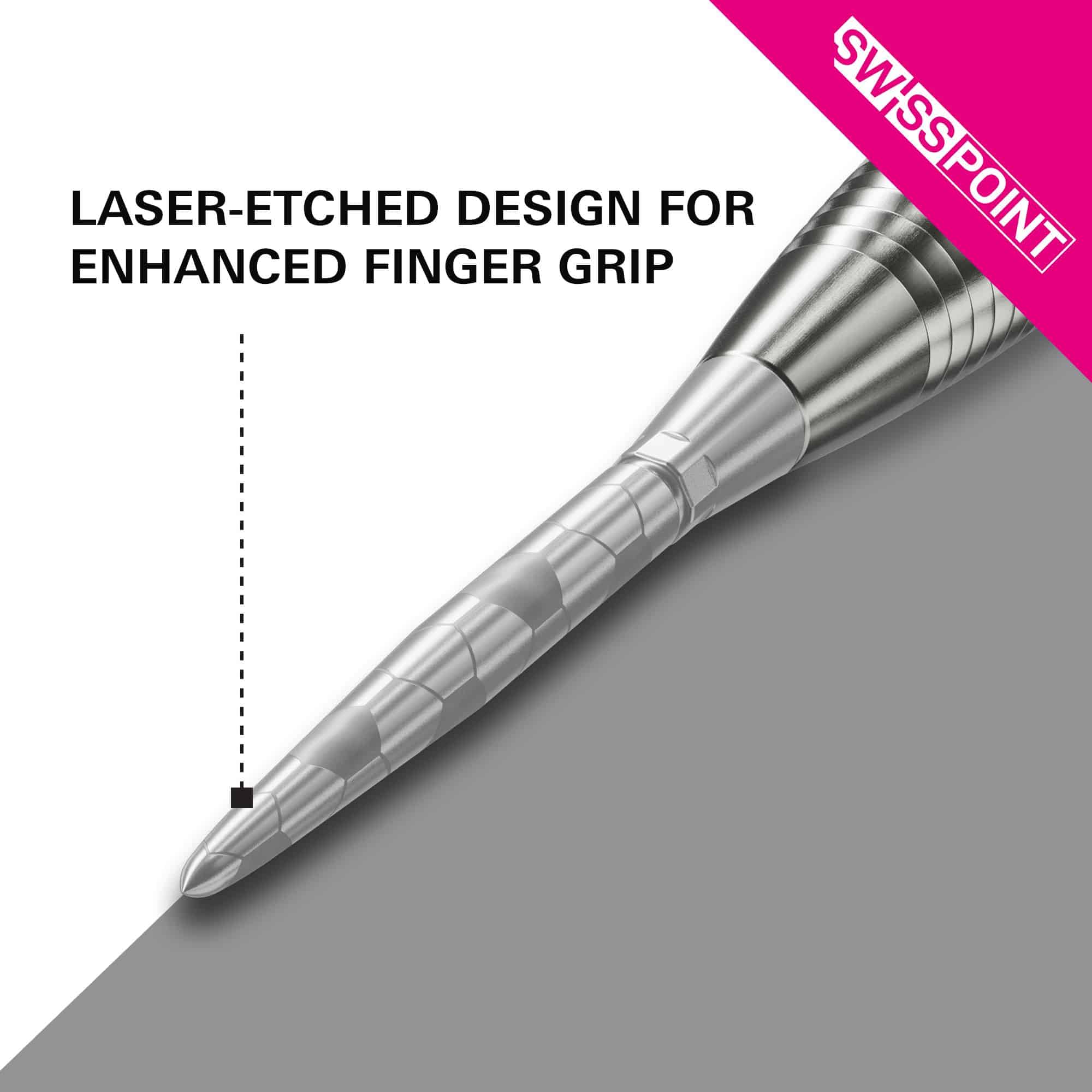 Das Bild zeigt die silberne Dartspitze "Target Swiss Storm Onyx Point". Die Spitze verfügt über ein lasergraviertes Design für einen verbesserten Fingergriff.