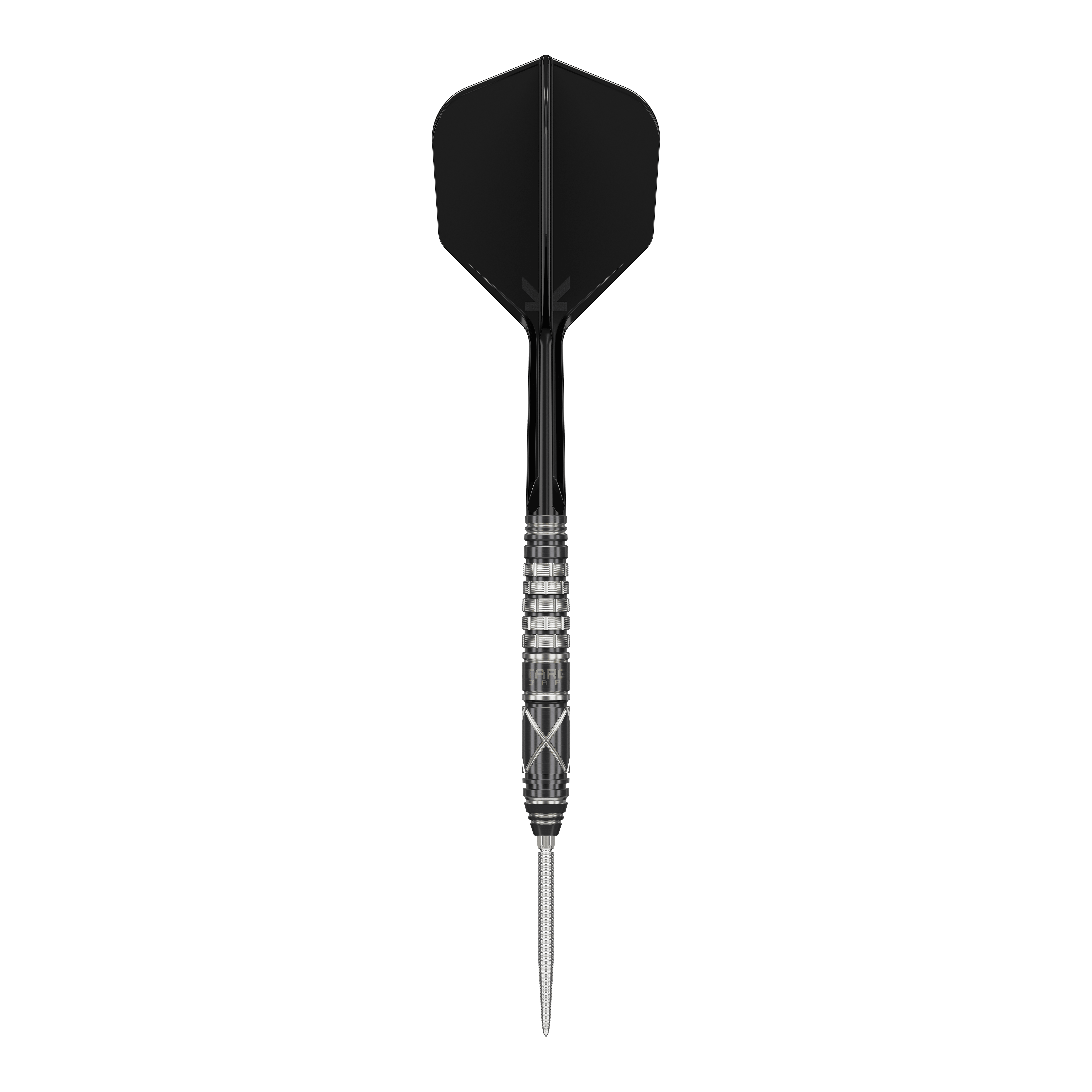Fléchettes en acier Target Japan Black Marque Chaos 2 SP Das Bild zeigt einen stilvollen Steeldartpfeil mit schwarzer Flight und silber-schwarzem Barrel. Es handelt sich um das Produkt "Target Japan Black Marque Chaos 2 SP Steeldarts".