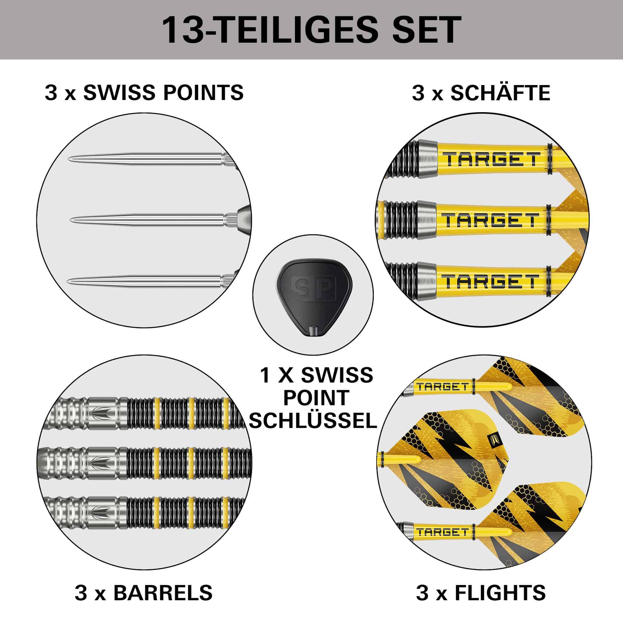 Fléchettes en acier Target Buzz 02 Swiss Points Das Bild zeigt die Target Buzz 02 Swiss Points Steeldarts. Die Steeldarts werden aus einer anderen Perspektive vorgestellt.