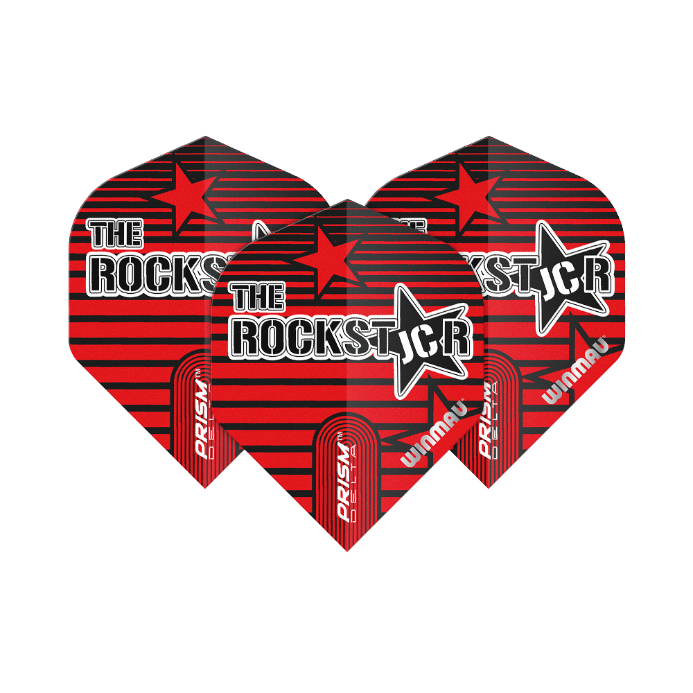6915-227_Winmau_Prism_Delta_Joe_Cullen_Rockstar_Standard_Flights_1WDsuEMGPr9685 Das Bild zeigt drei Dartflights mit der Aufschrift "The Rockstar" in einem roten und schwarzen Design. Auf den Flights steht außerdem "Prism Delta" und "Winmau".