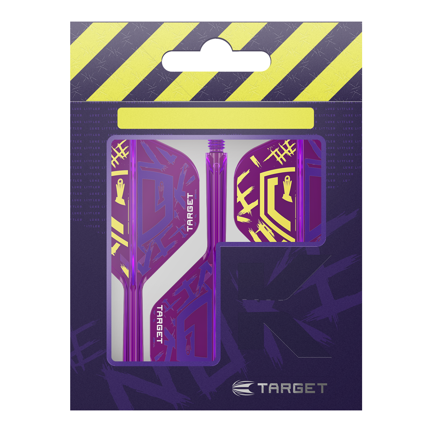 Target K-Flex Luke Littler Champion du monde 2025 Vols standard n°2 Die Abbildung zeigt die "Target K-Flex Luke Littler World Champion 2025 No2 Standard Flights" in einer Verpackung. Die Flights sind lila mit gelben Akzenten und dem Target-Logo gestaltet.