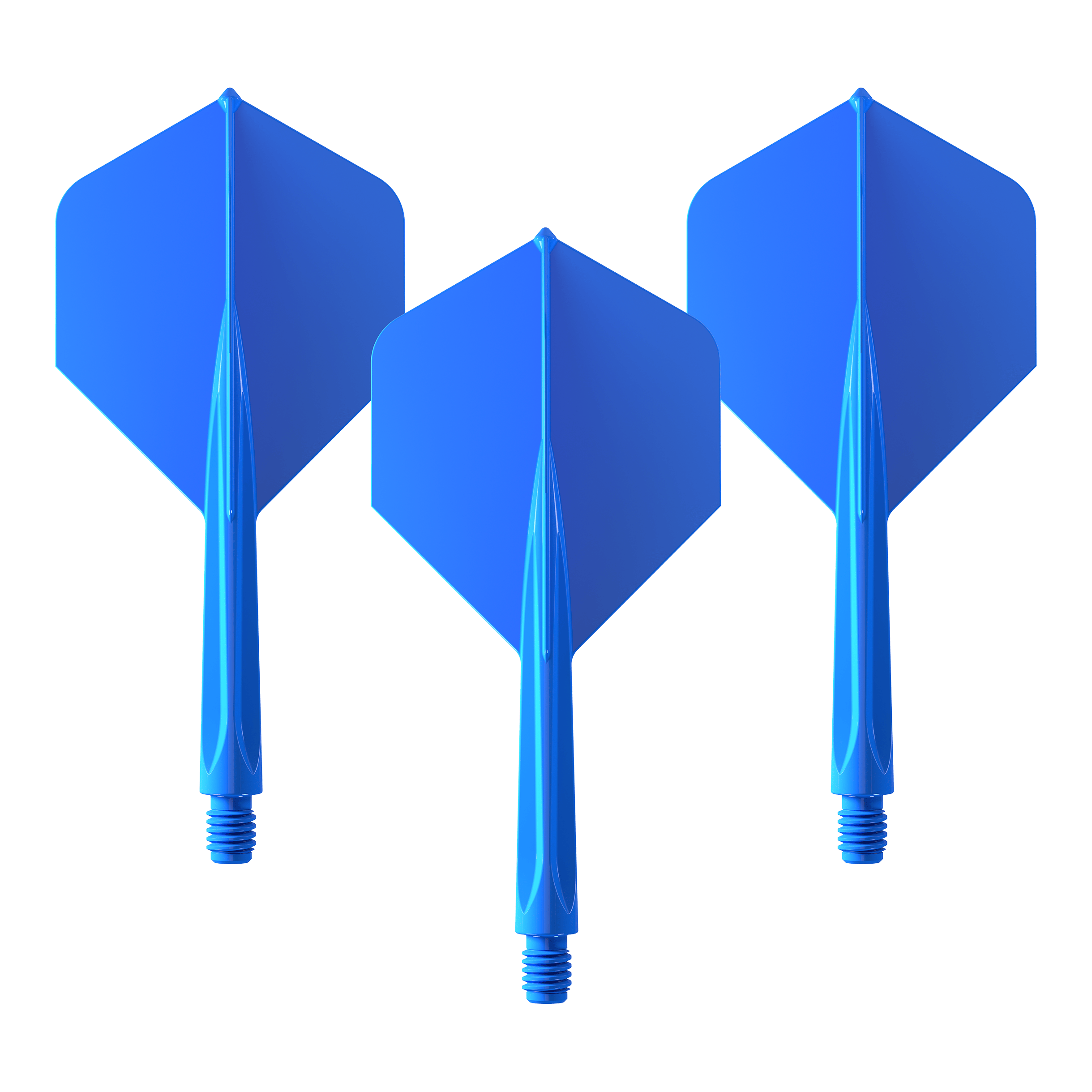 Ailettes standard Unicorn Forge All In One Plus No2 Bleu - Moyennes Das Bild zeigt drei blaue Dart-Flights des Produkts "Unicorn Forge All In One Plus No2 Standard Flights Blau - Medium". Sie sind mittelgroß und haben eine standardisierte Form.