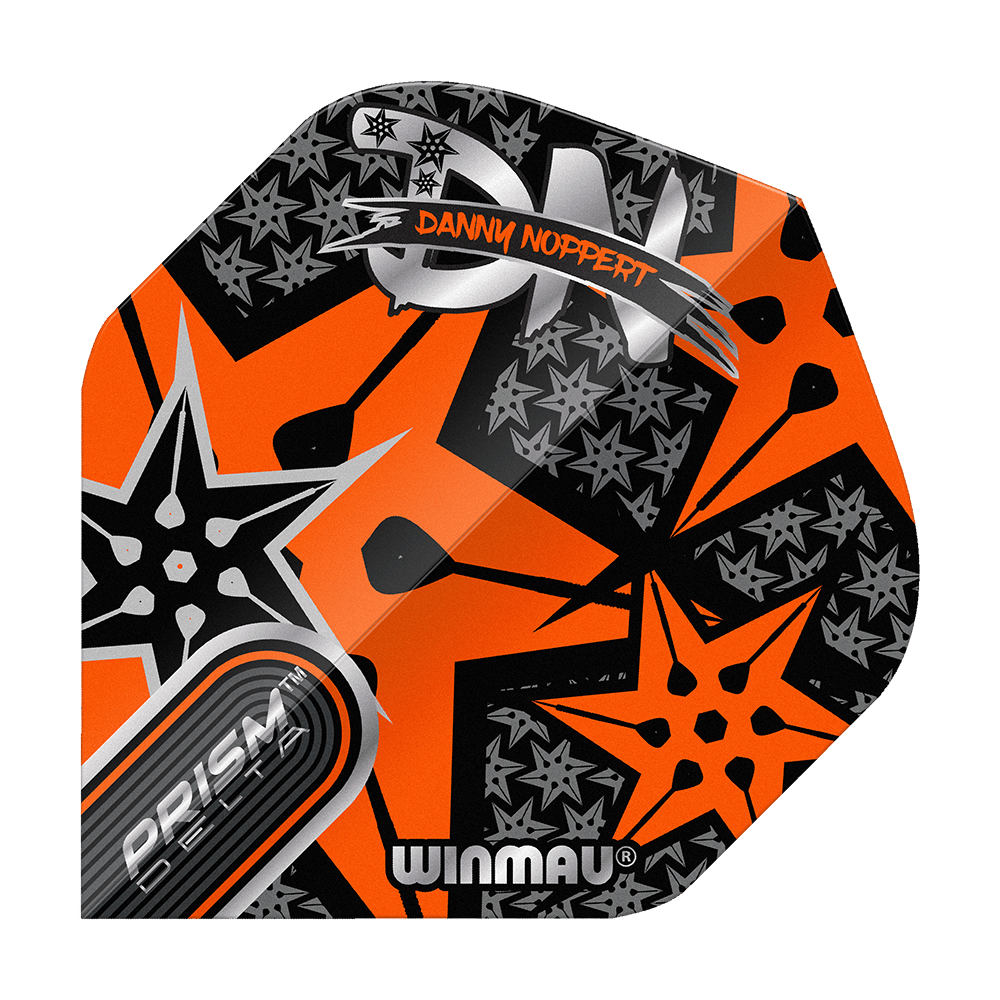 Vols standard Winmau Prism Delta Danny Noppert Orange Signature No2 Das Bild zeigt ein buntes Dart-Flight mit orangefarbenem und schwarzem Sternmuster. Auf dem Flight stehen die Namen "Danny Noppert" und "Winmau Prism Delta".
