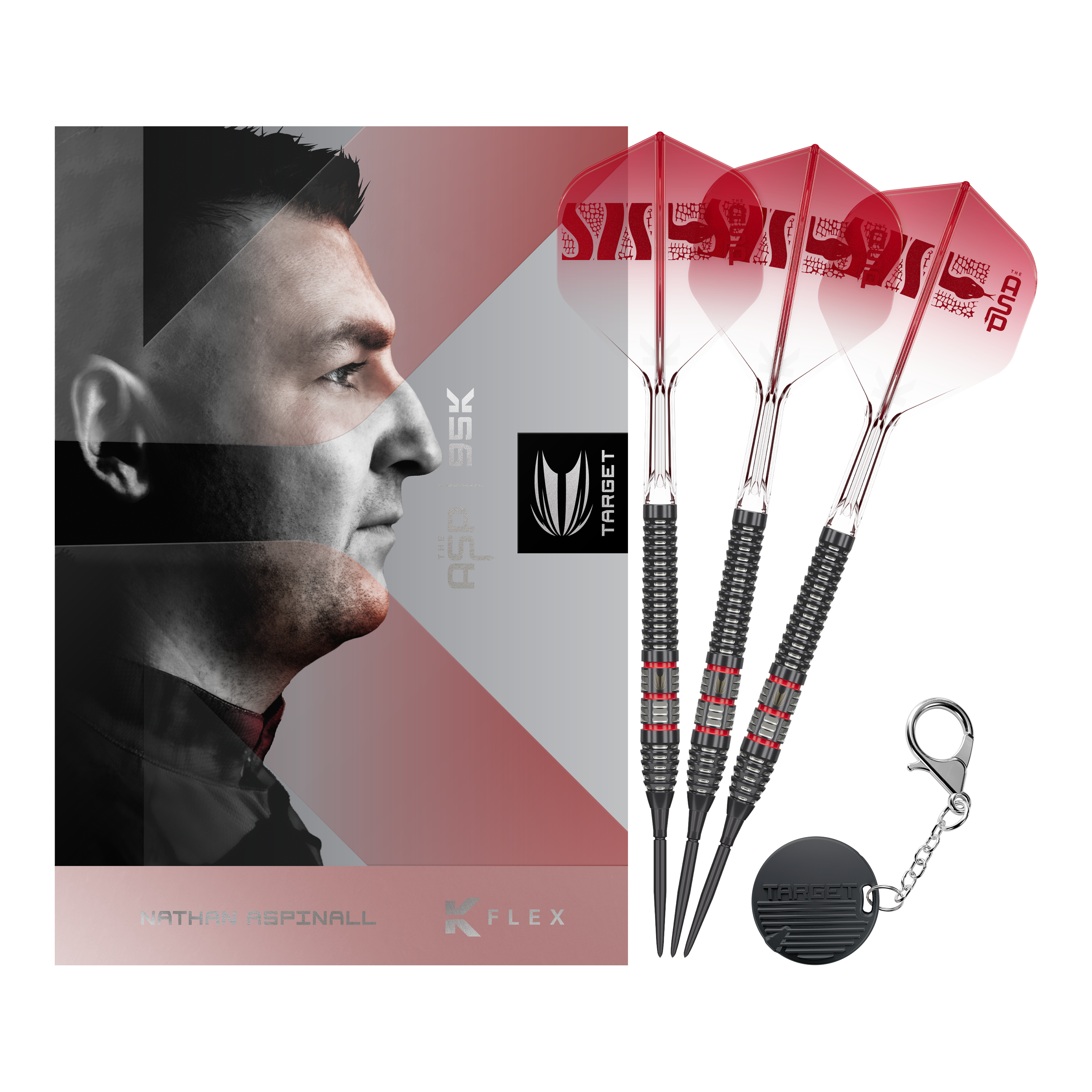 Volle Ansicht der Target Nathan Aspinall 95K Swiss Point Steeldarts. Die Darts sind in ihrer Gesamtheit abgebildet.
