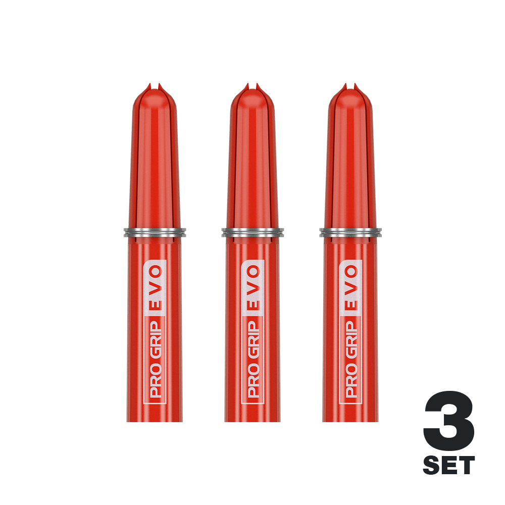 Das Bild zeigt drei rote Target Pro Grip EVO Ersatztops für Dartpfeile. Unten rechts steht "3 Set", was auf drei Sets in der Packung hinweist.
