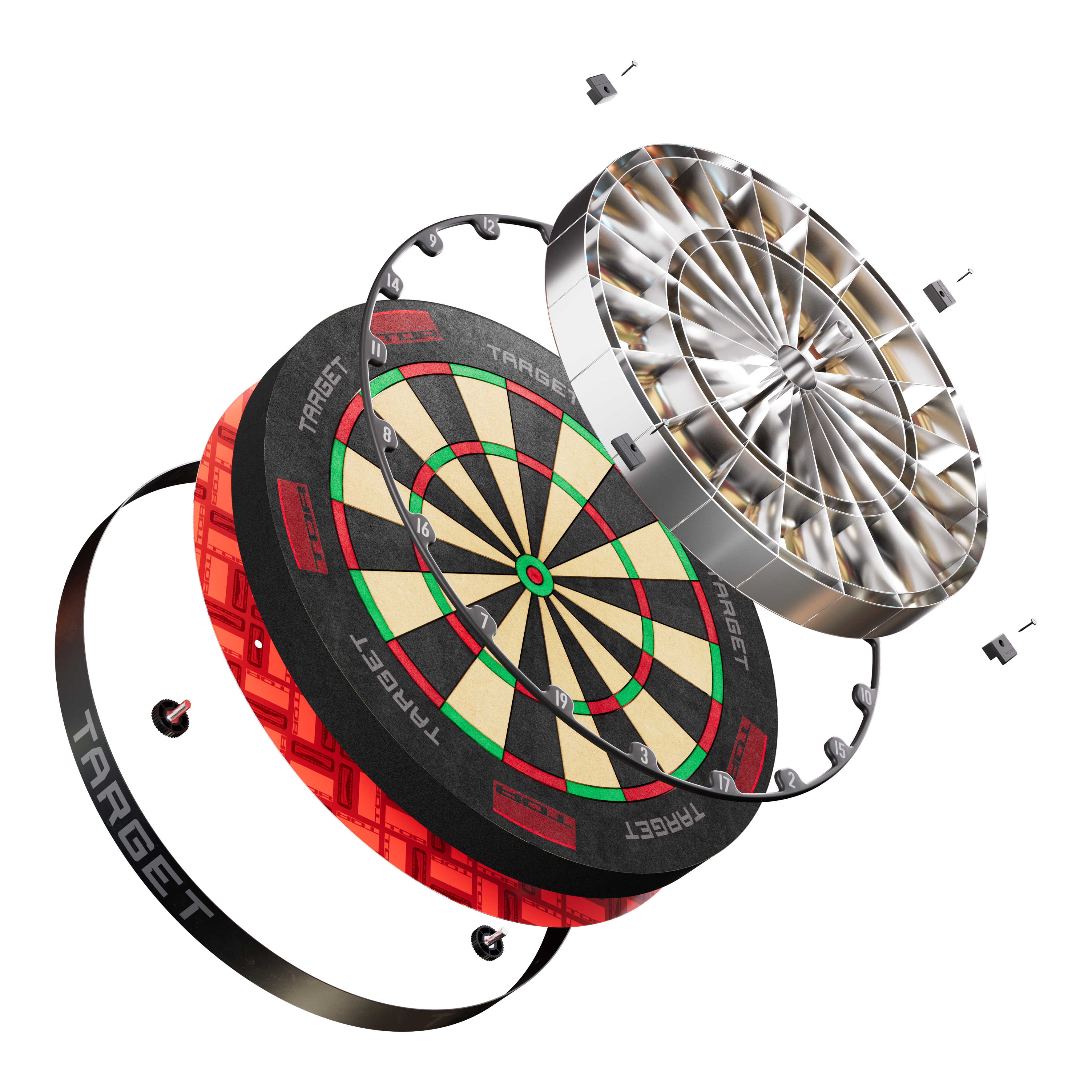 Target de fléchettes en acier Target TOR Das Bild zeigt das Produkt "Target TOR Steeldartboard" in einer explodierten Ansicht. Die einzelnen Bauteile des Dartboards sind deutlich sichtbar und voneinander getrennt dargestellt.