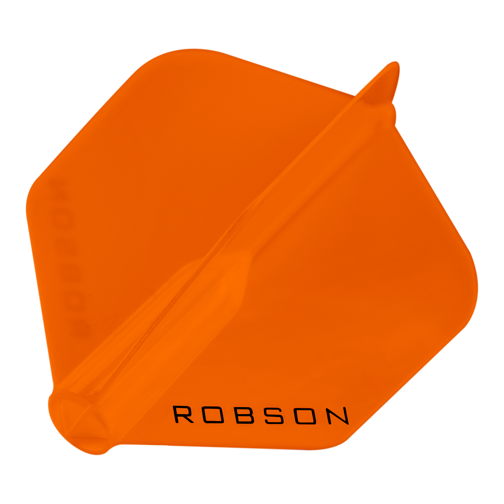 Vols Robson Plus - Standard Das Bild zeigt ein orangefarbenes Dart-Flügel mit der Aufschrift "ROBSON". Er hat eine sechseckige Form und ist transparent.