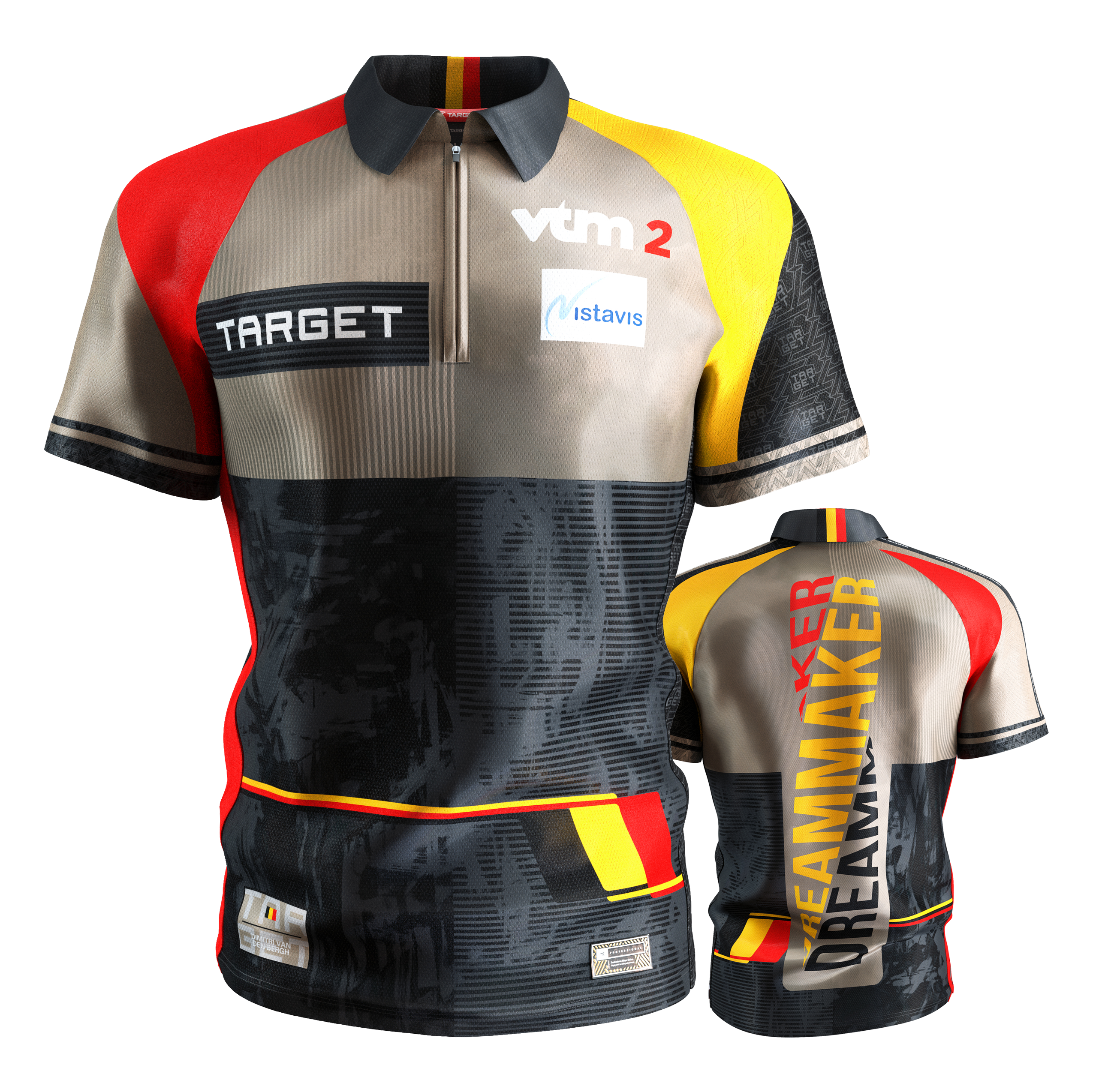Chemise de fléchettes Target Coolplay Dimitri Van Den Bergh 2025 Das Bild zeigt das "Target Coolplay Dimitri Van Den Bergh 2025 Dartshirt" von vorne und hinten. Das Shirt ist bunt gestaltet mit den Farben Schwarz, Rot, Gelb und Beige und trägt verschiedene Logos sowie den Schriftzug "DREAMMAKER" auf der Rückseite.