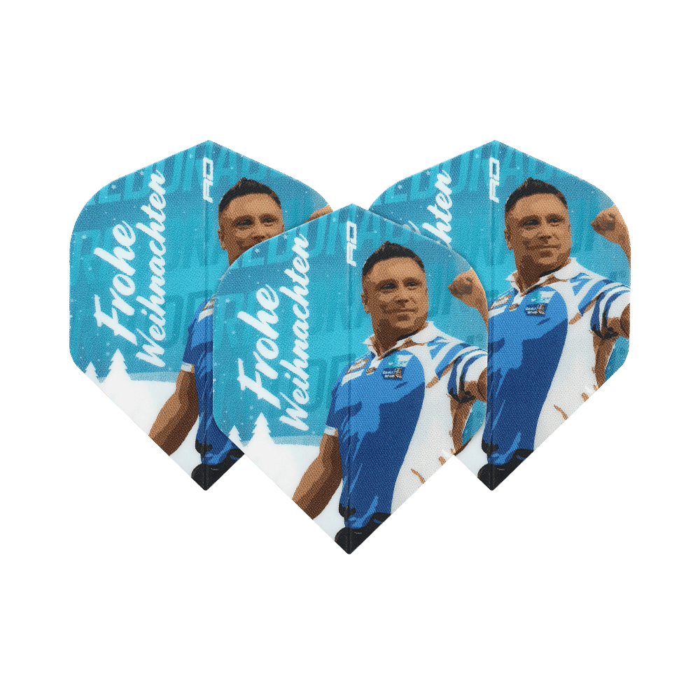 Auf dem Bild sind drei blaue Dart-Flights mit dem Motiv eines Sportlers und der Aufschrift "Frohe Weihnachten" zu sehen. Die Flights sind ein Produkt namens "Red Dragon Merry Christmas Flights Gerwyn Price Blue".