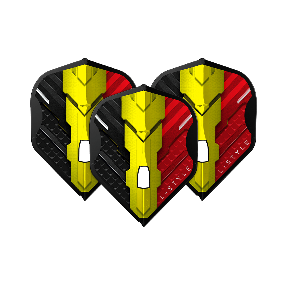 Vols L-Style V-Series V1 Type C Belgique Noir L1PRO Das Bild zeigt drei Dart Flights des Modells "L-Style V-Series V1 Type C Belgium Black L1PRO". Die Flights sind in den Farben Schwarz, Gelb und Rot gestaltet und tragen das Logo "L-STYLE".