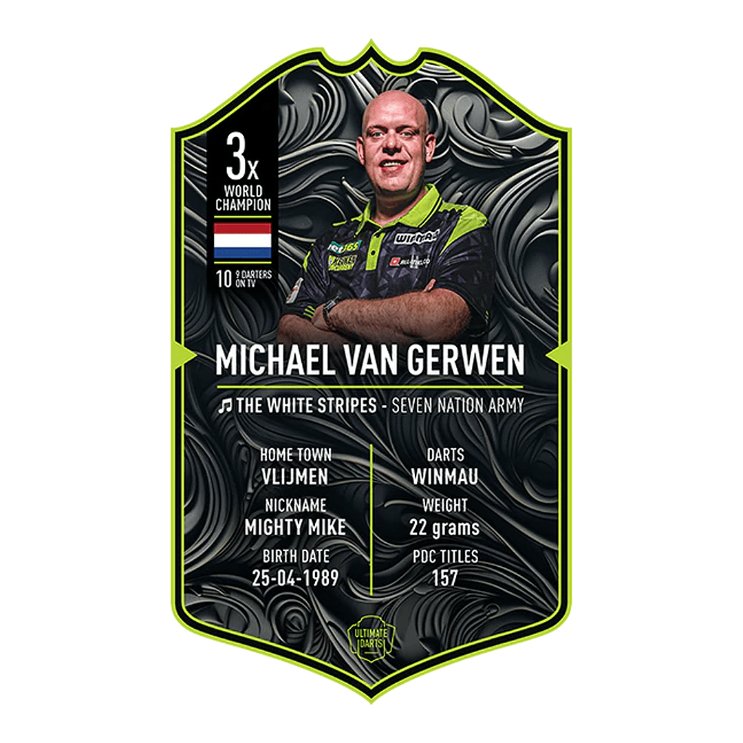Carte de fléchettes ultime - Michael Van Gerwen 2025 Dies ist eine Sammelkarte von "Ultimate Darts" für Michael Van Gerwen aus dem Jahr 2025. Sie zeigt sein Foto und enthält Informationen wie seinen Spitznamen, Geburtsdatum, Heimatstadt und Statistiken.