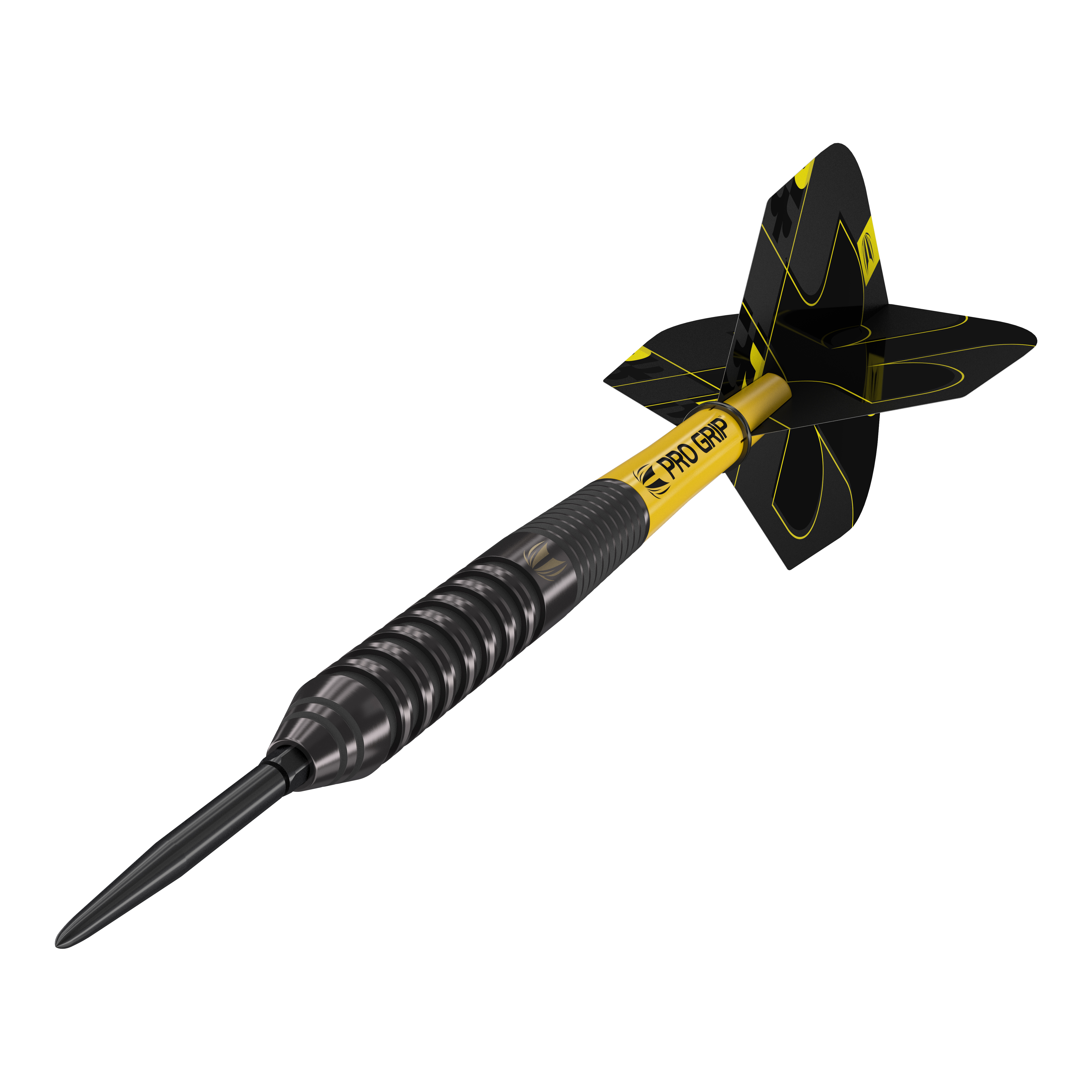 Fléchettes en acier Target Bolide Void 02 Swiss Point Das Bild zeigt einen Target Bolide Void 02 Swiss Point Steeldart. Der Dart ist schwarz mit gelben Akzenten und hat ein modernes, gerilltes Design.
