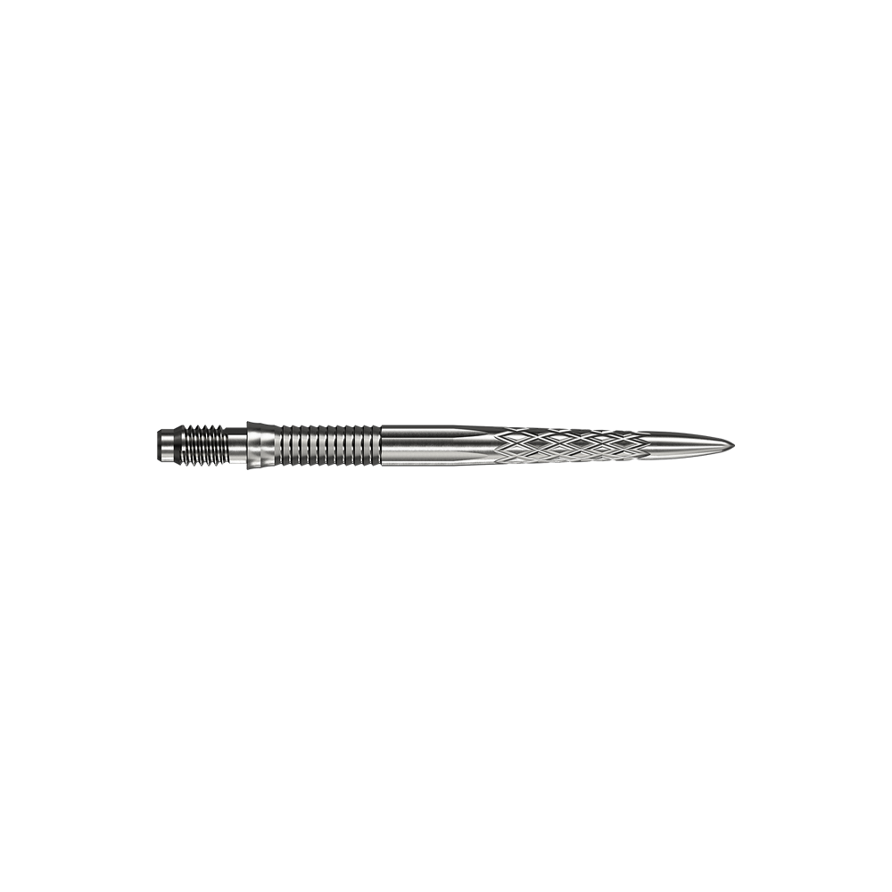 Pointes de fléchettes Mission R2.5 Rapid Point DSX - Argent Abgebildet sind silberne Dartspitzen Mission R25 Rapid Point DSX mit einer Länge von 30mm. Die Spitzen werden aus zwei verschiedenen Blickwinkeln präsentiert.