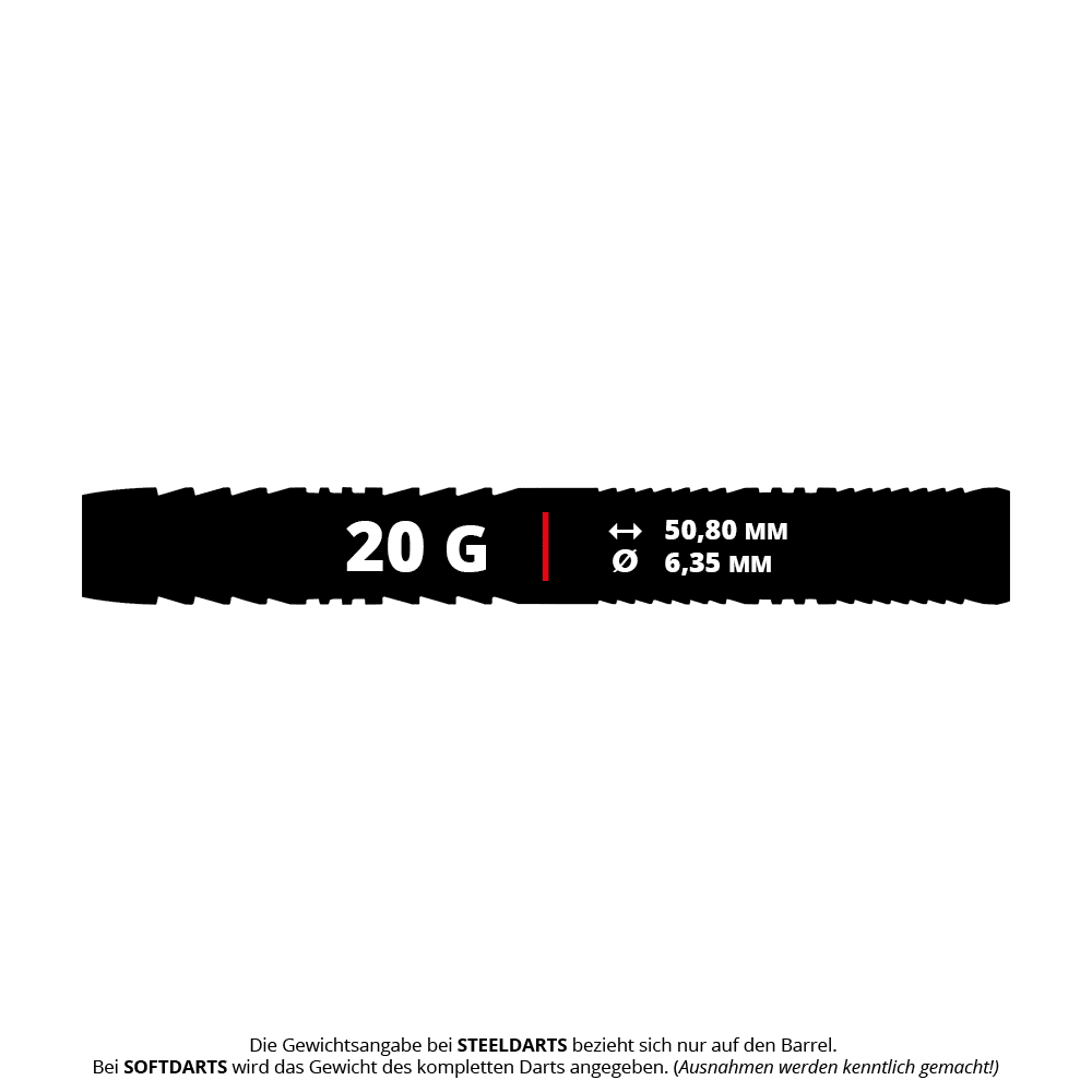 Fléchettes souples Red Dragon Seren 1 Pure - 20 g Das Bild zeigt die Maße und das Gewicht des Produkts "Red Dragon Seren 1 Pure Softdarts - 20g". Der Dart wiegt 20 Gramm, ist 50,80 mm lang und hat einen Durchmesser von 6,35 mm.