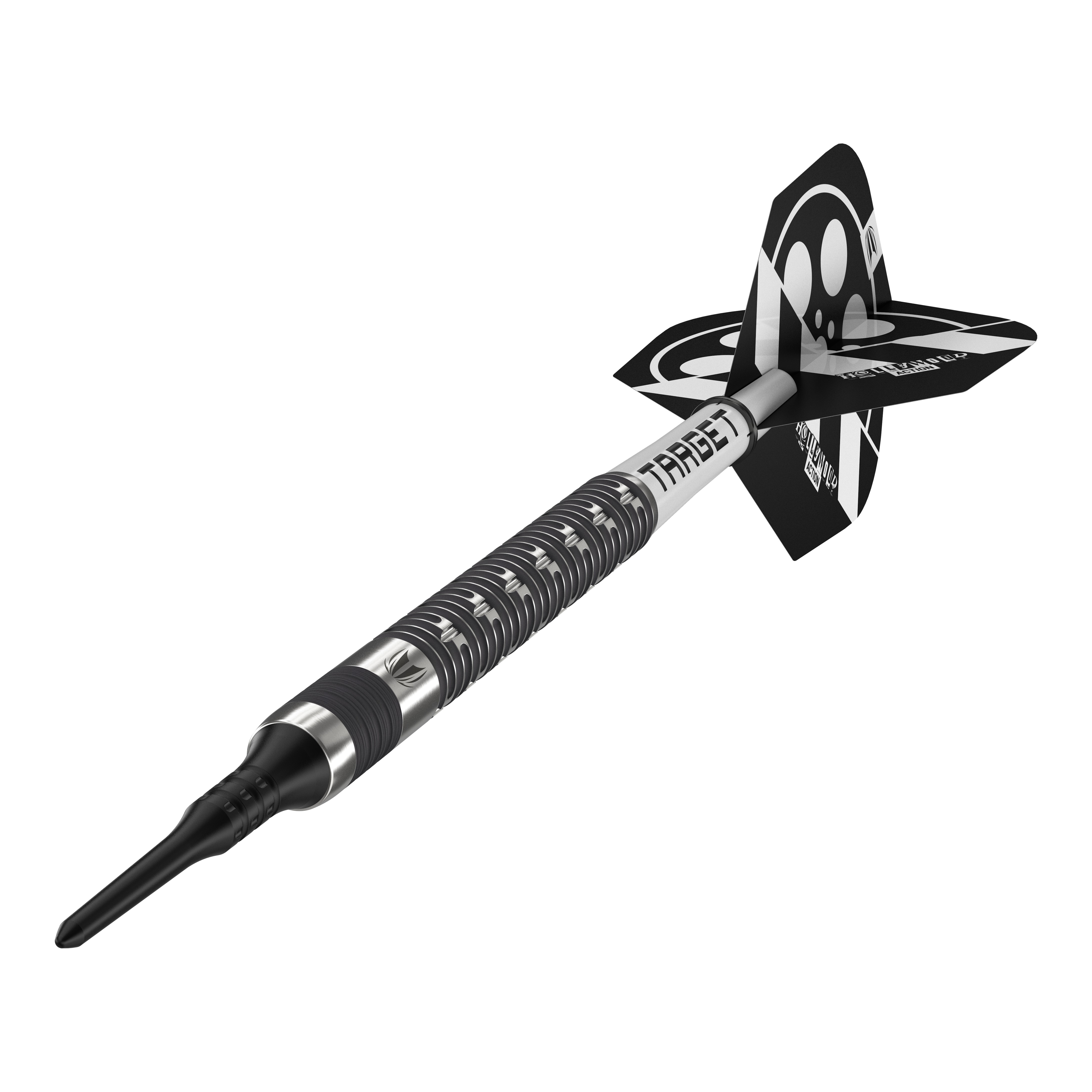 Fléchettes souples Target Chris Dobey Hollywood Action - 20 g Das Bild zeigt einen schwarzen Softdart mit silbernen Akzenten und der Aufschrift "TARGET". Am hinteren Ende befindet sich ein schwarz-weißes Flight-Design.