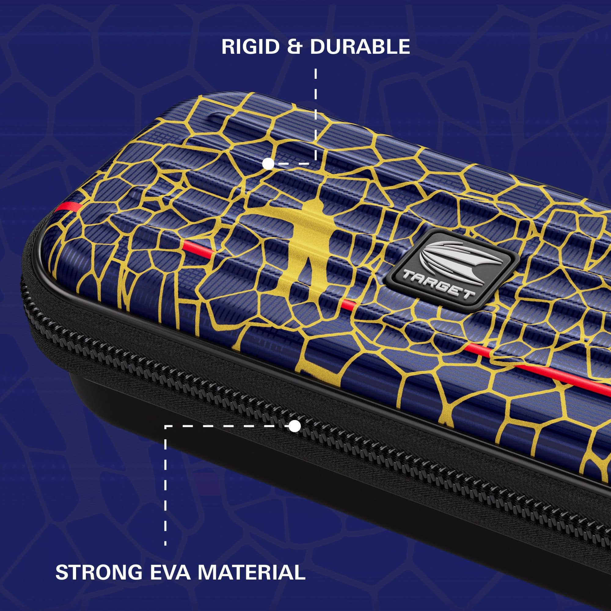 Étui à fléchettes Target Takoma Josh Rock Das Bild zeigt das „Target Takoma Josh Rock Dartcase“ mit einem auffälligen blauen und gelben Design. Es wird hervorgehoben, dass das Etui aus starkem EVA-Material gefertigt und besonders robust und langlebig ist.