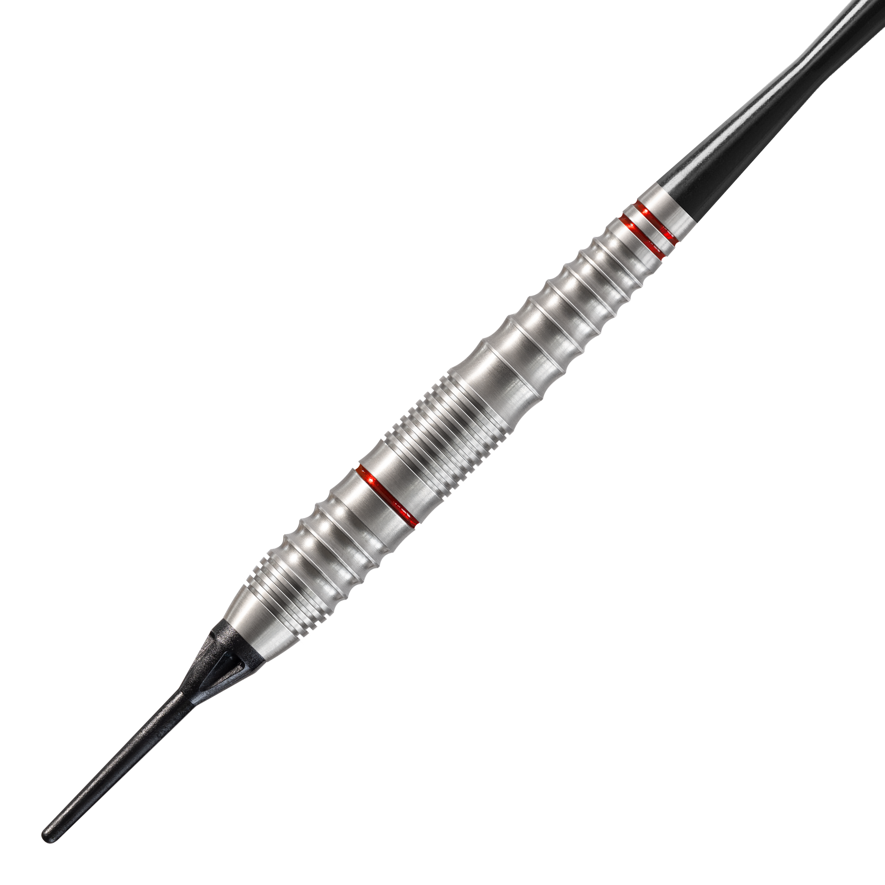 Fléchettes souples Harrows Rage Das Bild zeigt einen silbernen Softdart namens "Harrows Rage Softdarts". Der Dart hat rote Ringe und eine schwarze Kunststoffspitze.