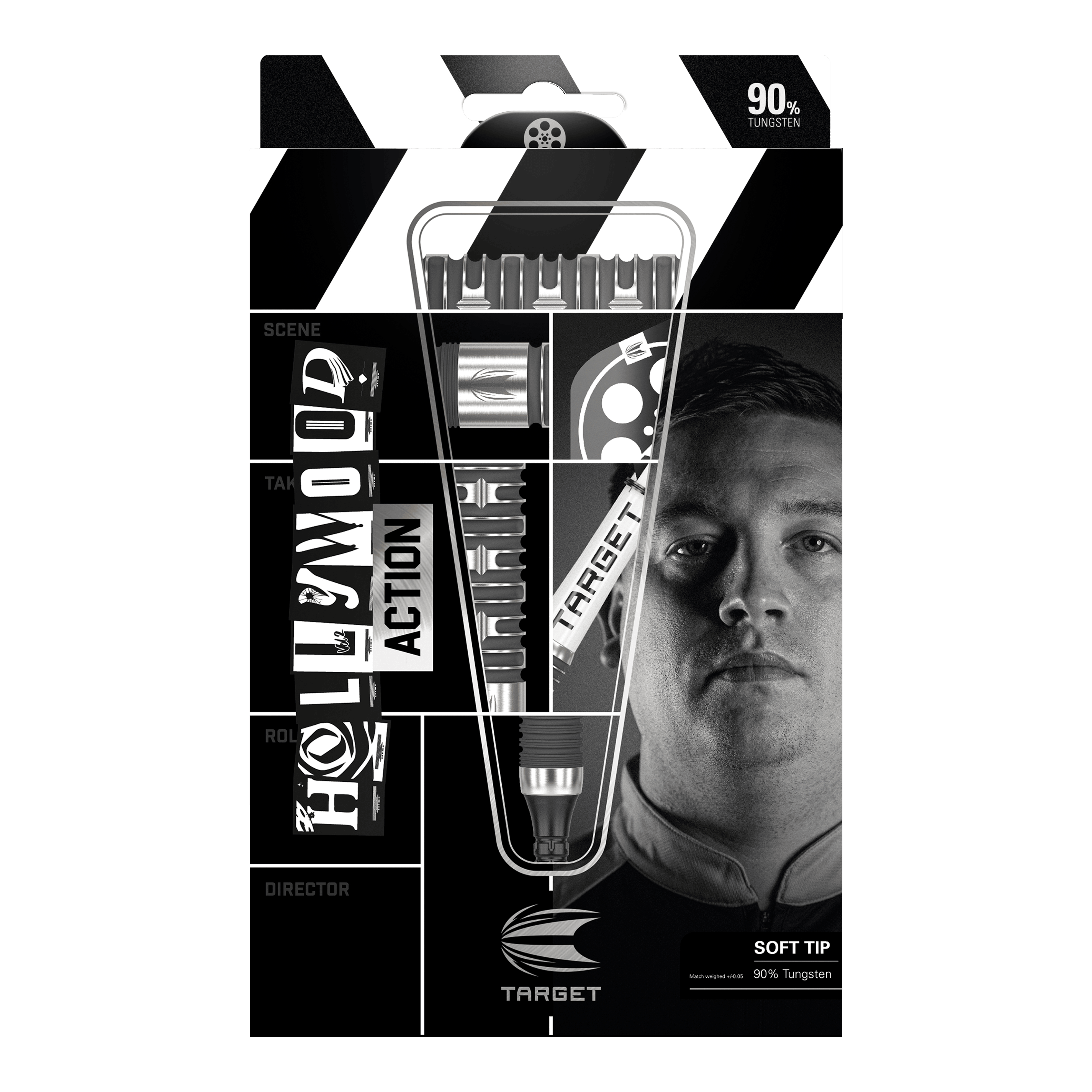 Fléchettes souples Target Chris Dobey Hollywood Action - 20 g Die Abbildung zeigt das Produkt "Target Chris Dobey Hollywood Action Softdarts - 20g" in seiner Verpackung. Auf der Verpackung sind die Darts sowie das Gesicht eines Mannes und der Markenname deutlich zu sehen.