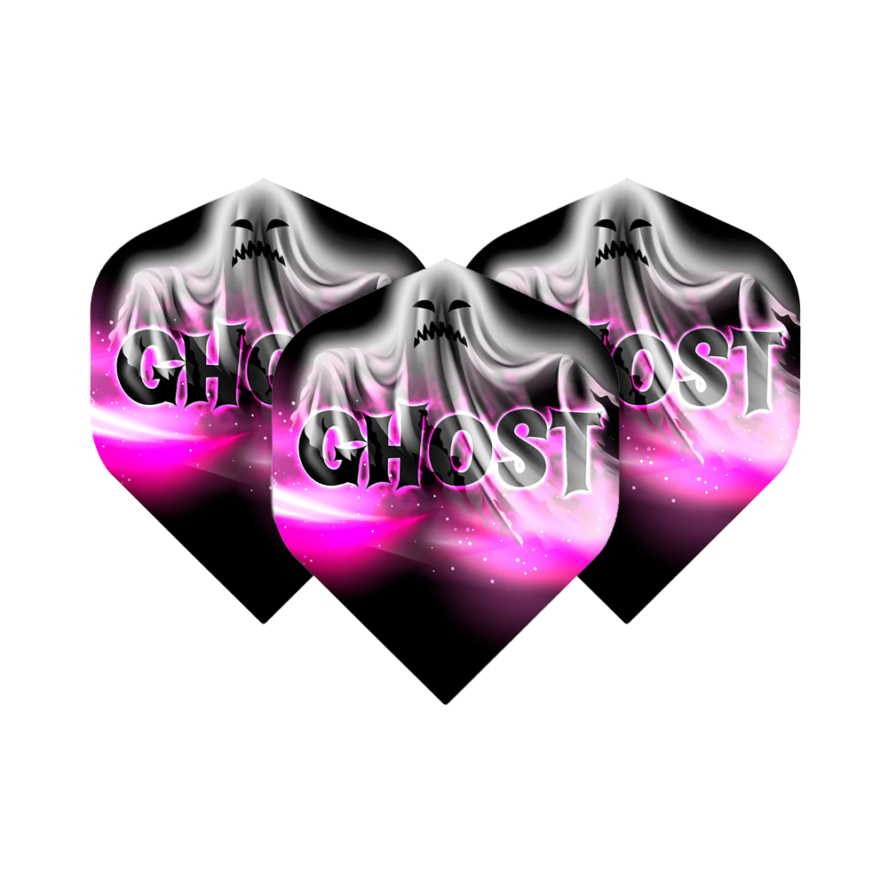 Mission Solo Bailey Marsh No2 Vols Standard Das Bild zeigt drei Dart-Flights mit dem Aufdruck „GHOST“ und einem stilisierten Geist auf einem schwarz-rosa Hintergrund. Es handelt sich um das Produkt "Mission Solo Bailey Marsh No2 Standard Flights".