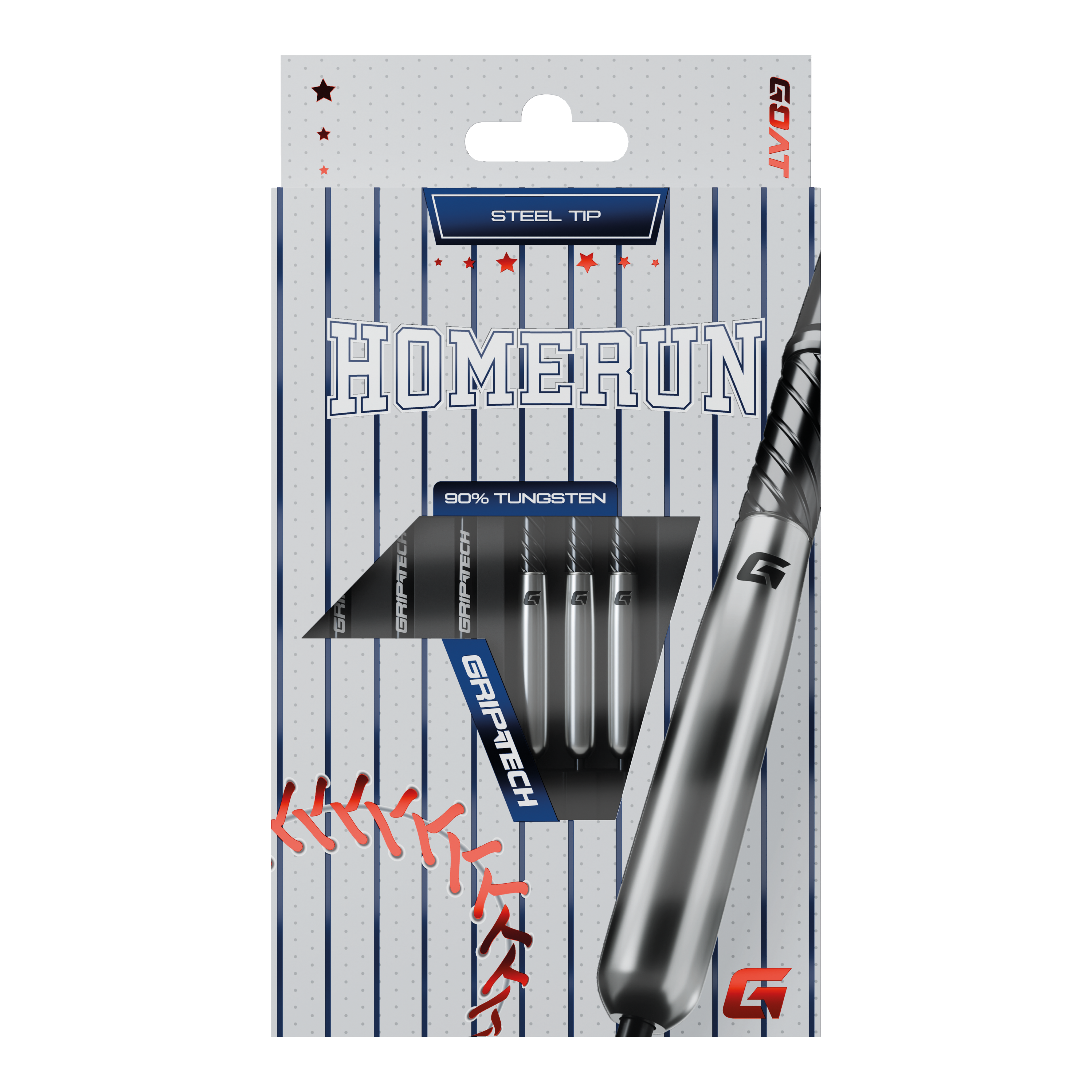 Fléchettes en acier tungstène GOAT Homerun Baseball Das Bild zeigt die Verpackung der "GOAT Homerun Baseball Tungsten Steeldarts" mit Stahlspitze. Auf der Vorderseite sind drei Darts sowie baseballtypische Designelemente abgebildet.