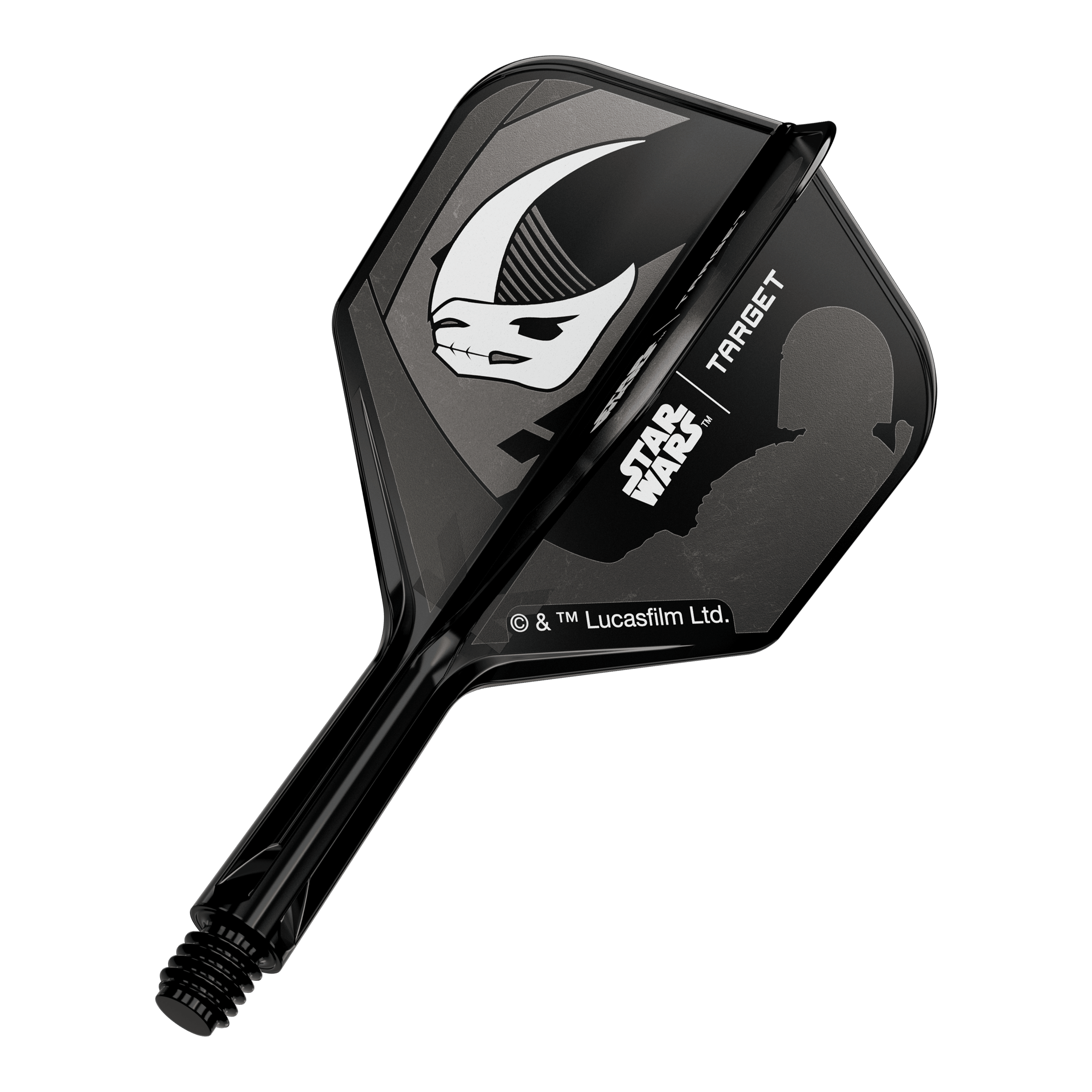 Coffret Target Star Wars K-Flex Mandalorian No6 Flights Abgebildet ist ein Motiv mit Mandalorianer-Rüstung, inspiriert von Star Wars. Das Design ist auf einem No6 Flights 19 mm Dart-Flügel zu sehen.