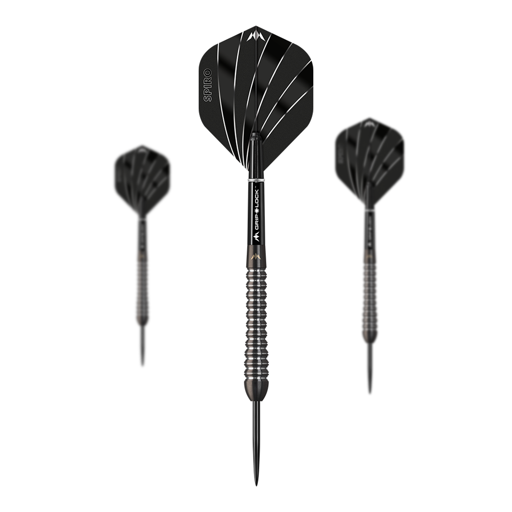 Fléchettes en acier Mission Spiro modèle 2 - 22 g Das Bild zeigt drei Steeldarts des Modells "Mission Spiro Model 2" mit einem Gewicht von 22g. Die Darts sind schwarz mit silbernen Akzenten und haben auffällige Flights mit weißen Linien.