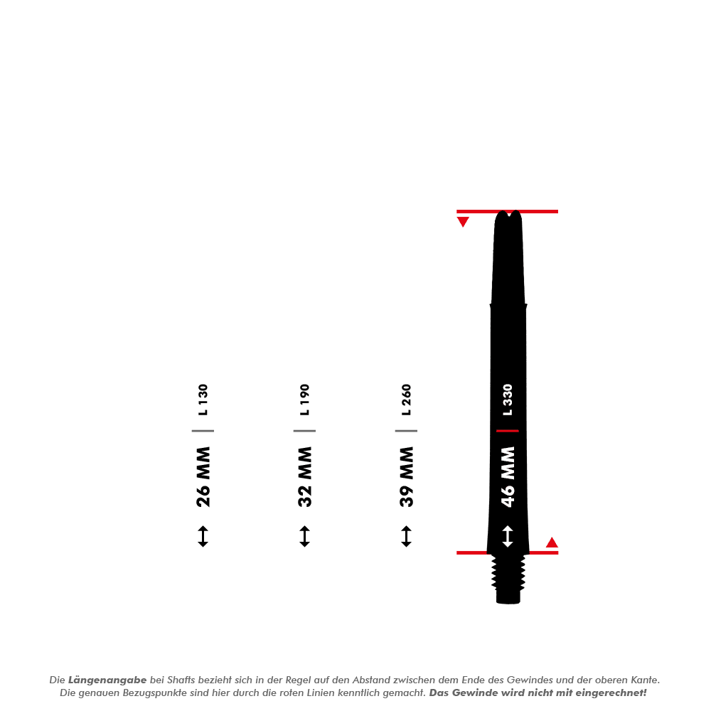 L-L-Style-Shafts Locked Straight - Black Das Bild zeigt verschiedene Längen von Dartshafts, die in Millimetern angegeben sind. Die größte dargestellte Länge ist 46 mm, gemessen ohne das Gewinde.