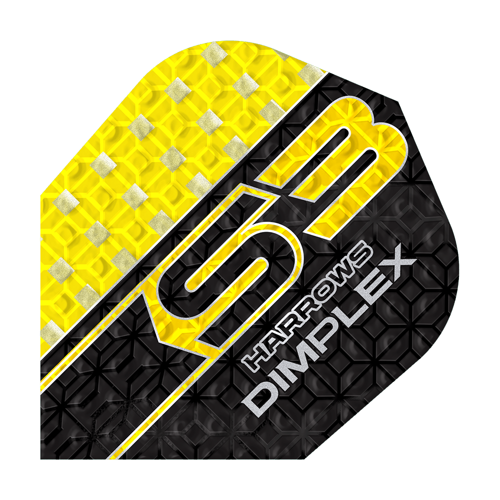 Vols Harrows Dimplex S3 - Jaune Das Bild zeigt das Produkt "Harrows Dimplex S3 Flights - Gelb". Das Flight ist gelb und schwarz mit silbernen Details und einem strukturierten Muster gestaltet.
