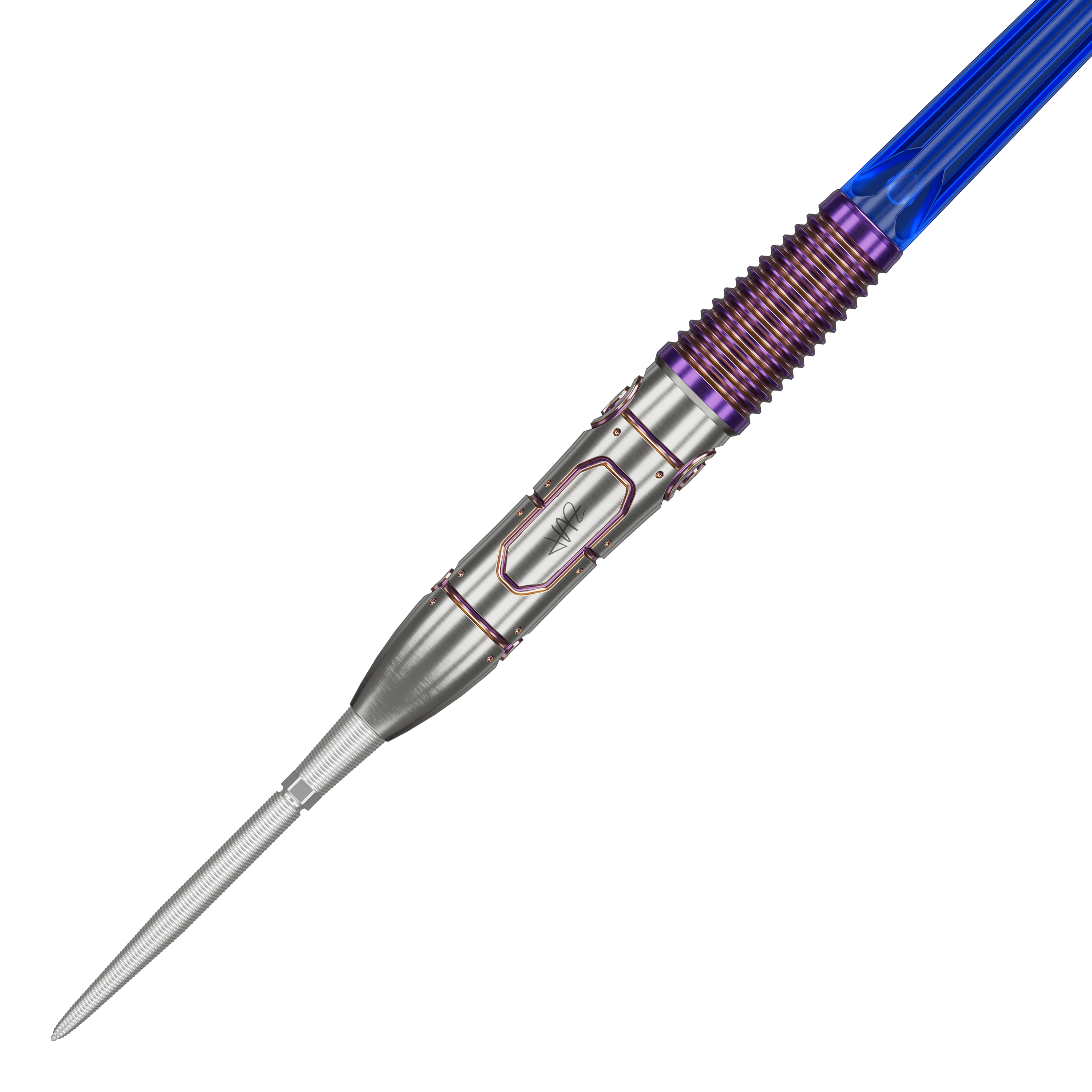 Target Japan Haruki Muramatsu Rising Sun GEN9 Steeldarts - 23 g Das Bild zeigt einen Target Japan Haruki Muramatsu Rising Sun GEN9 Steeldart mit einem Gewicht von 23g. Der Dart hat ein auffälliges Design mit silberner Spitze, violetten Akzenten und einem blauen Schaft.