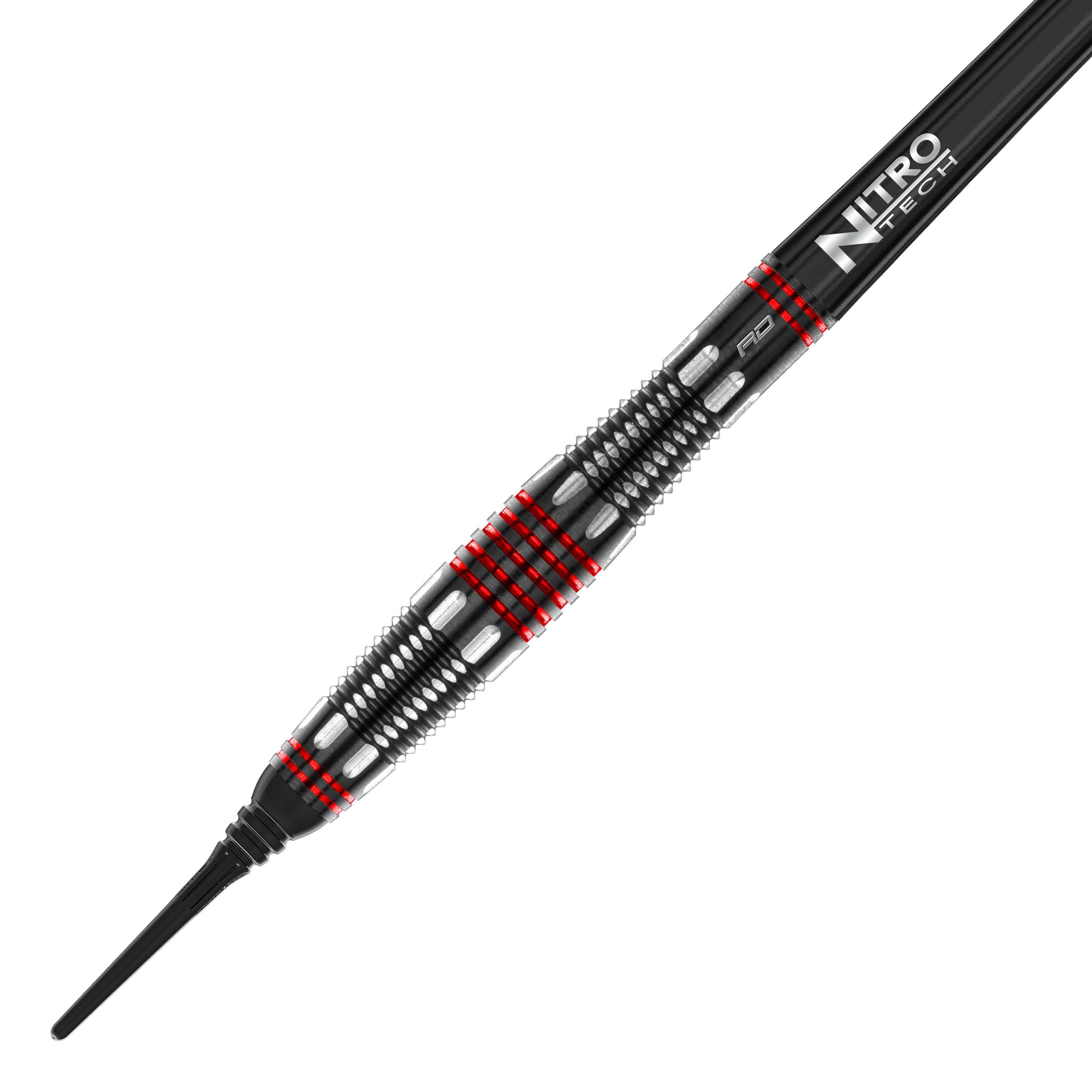 Fléchettes souples Red Dragon Marlin Venom - 22 g Das Bild zeigt den Red Dragon Marlin Venom Softdart mit einem Gewicht von 22 Gramm. Der Dart hat ein schwarzes und silbernes Design mit auffälligen roten Ringen und einer „Nitro Tech“-Beschriftung.
