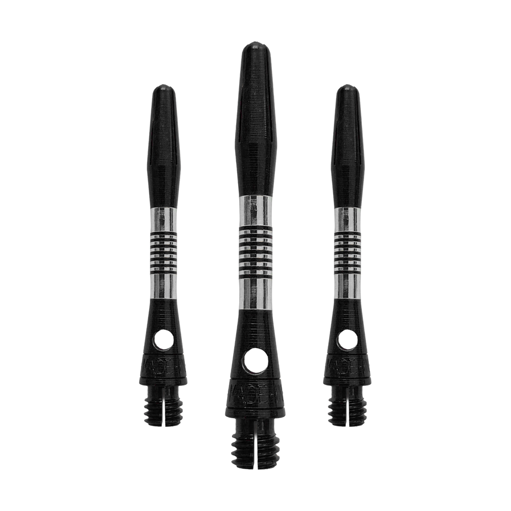 Tiges en aluminium Bulls NL Cetra - Noires Das Bild zeigt ein Set von schwarzen Aluminium-Dartschäften. Alle Schäfte haben eine Länge von 34mm.