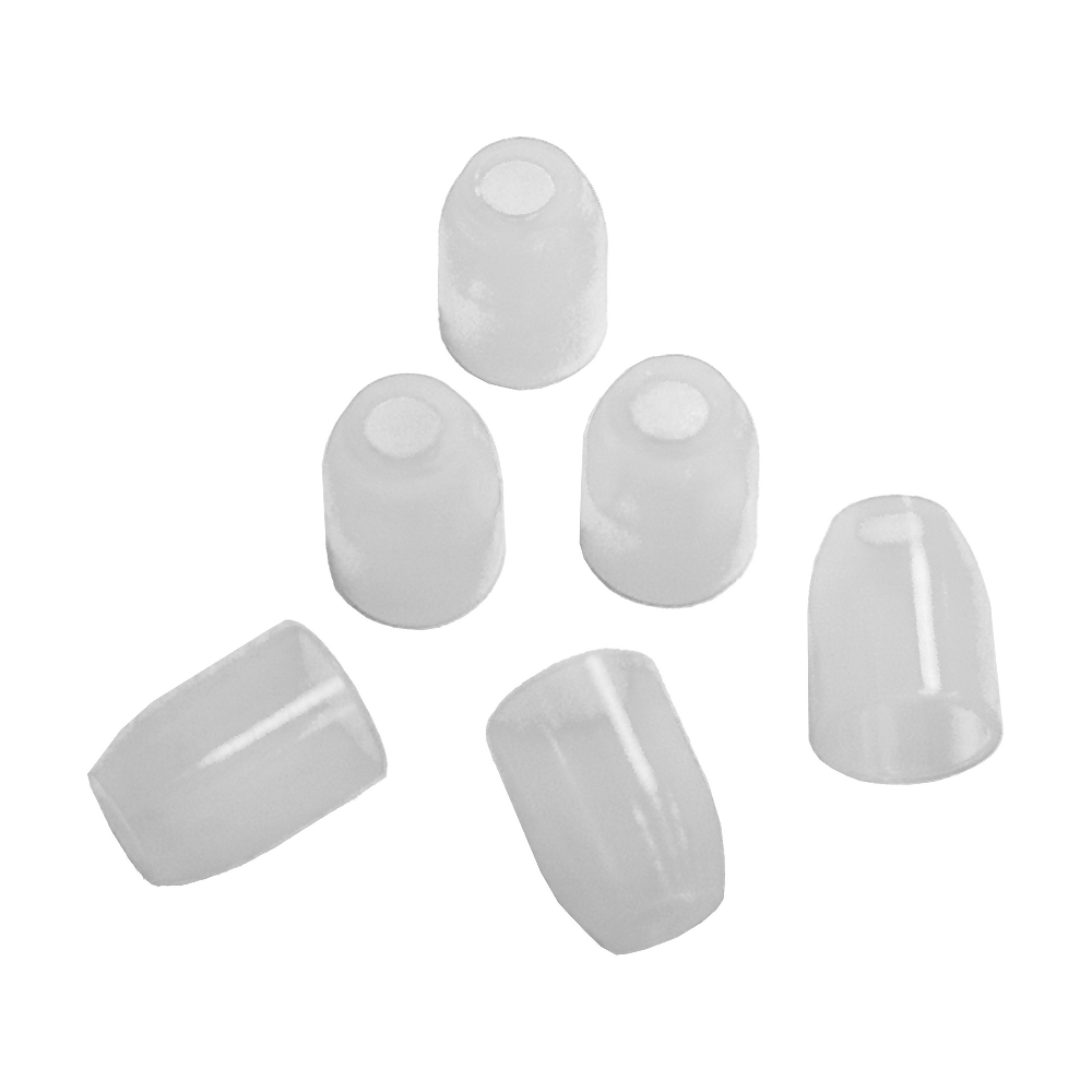 LSF9_L-Style_Champagne-Ringe_Transparent_1 Das Bild zeigt sechs durchsichtige, zylinderförmige Kunststoffkappen. Sie sind auf einem transparenten Hintergrund angeordnet.