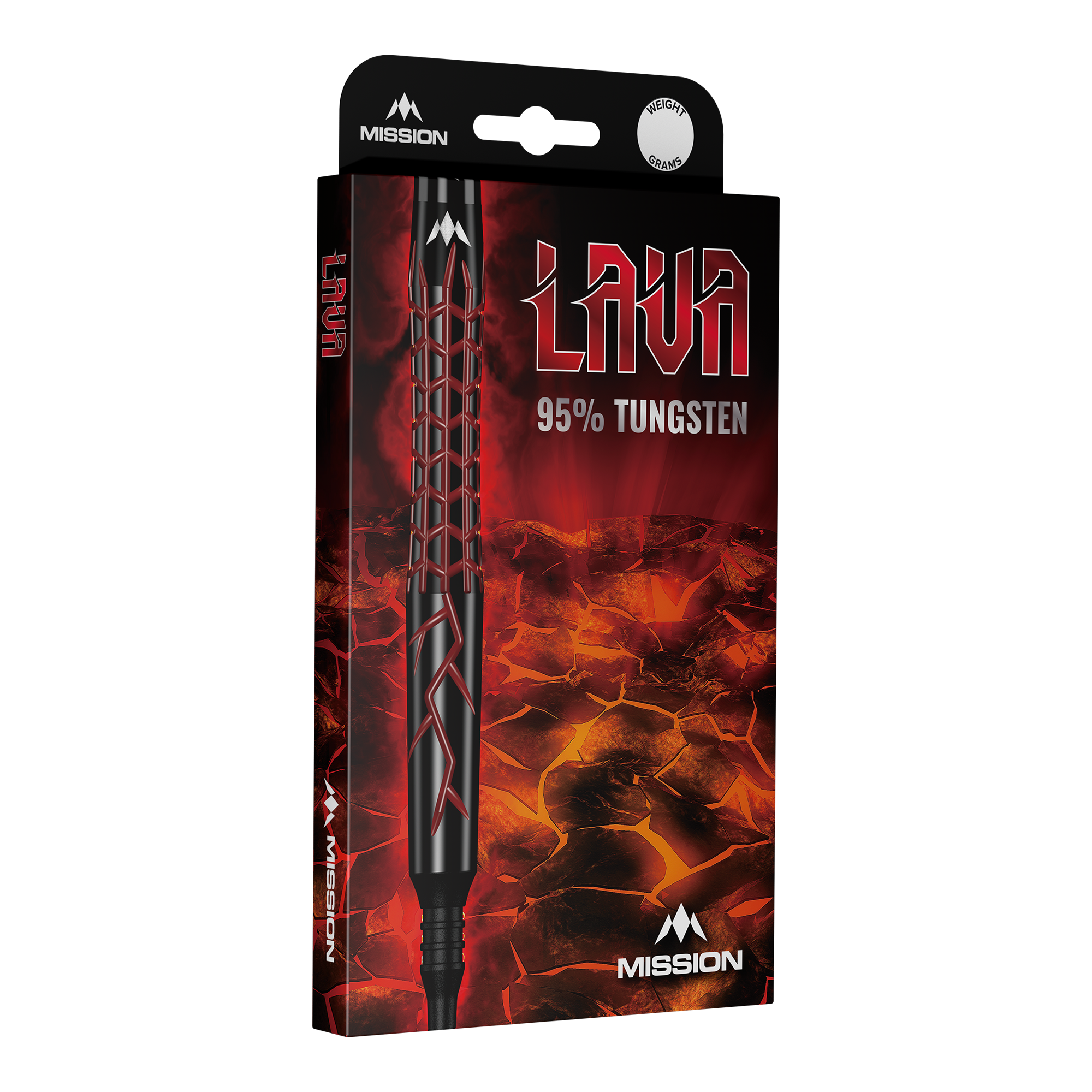 Fléchettes en mousse Mission Lava - 20 g Die Abbildung zeigt die Verpackung der "Mission Lava Softdarts - 20g". Auf der Verpackung steht "95% Tungsten" und sie ist mit einem Lava-Motiv gestaltet.