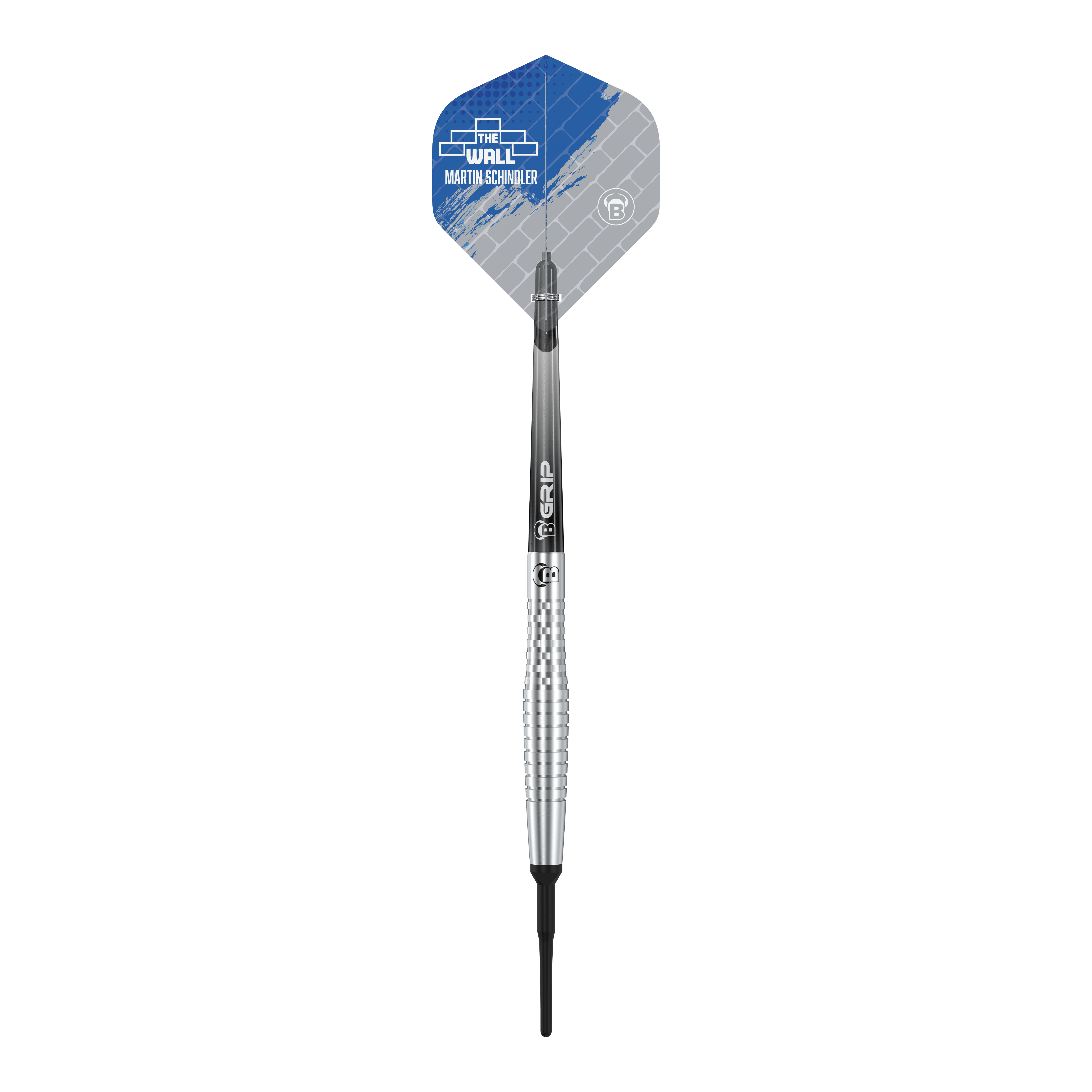 Fléchettes souples Bulls Martin Schindler Original Generation 2 Das Bild zeigt einen Bulls Martin Schindler Original Generation 2 Softdart. Der Dartpfeil hat ein silbernes, geriffeltes Barrel und ein Flight mit blau-grauem Design.