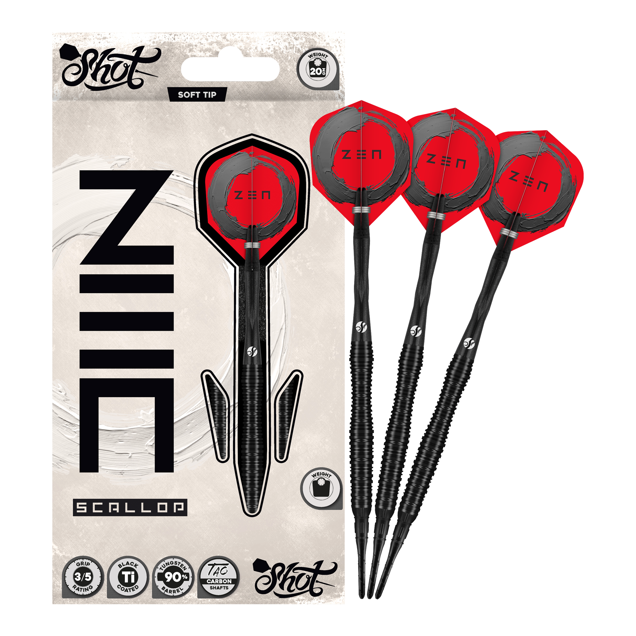 Fléchettes souples Shot ZEN Scallop - 20 g Das Bild präsentiert die Shot ZEN Scallop Softdarts - 20g in voller Ansicht. Diese Darts zeichnen sich durch ihre hochwertige Verarbeitung aus.