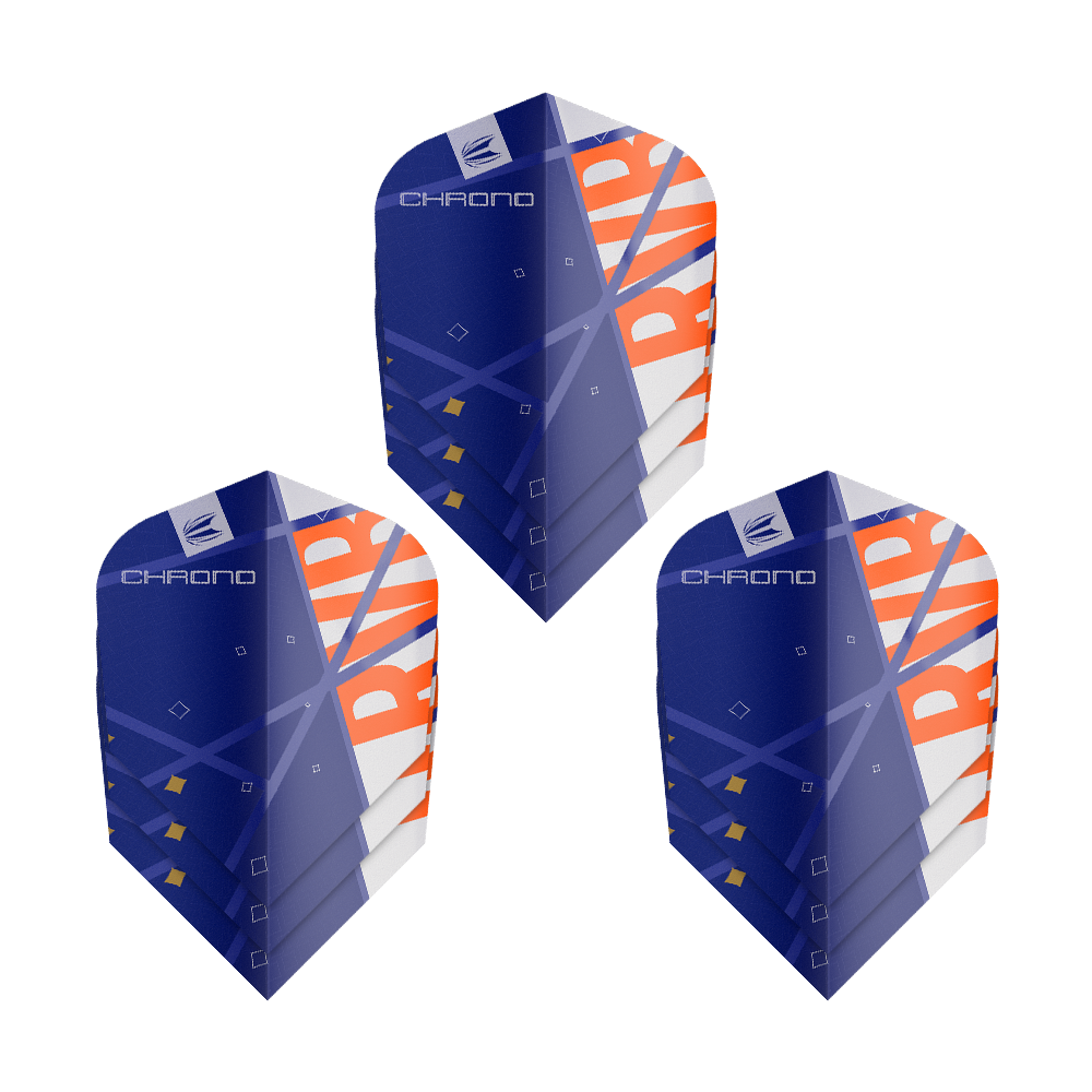 Ailettes standard Target Pro Ultra Raymond Van Barneveld Chrono Ten-X - 3 jeux Das Bild zeigt drei Sätze Target Pro Ultra Raymond Van Barneveld Chrono Ten-X Standard Flights. Die Flights sind überwiegend blau mit weißen und orangefarbenen Akzenten gestaltet.